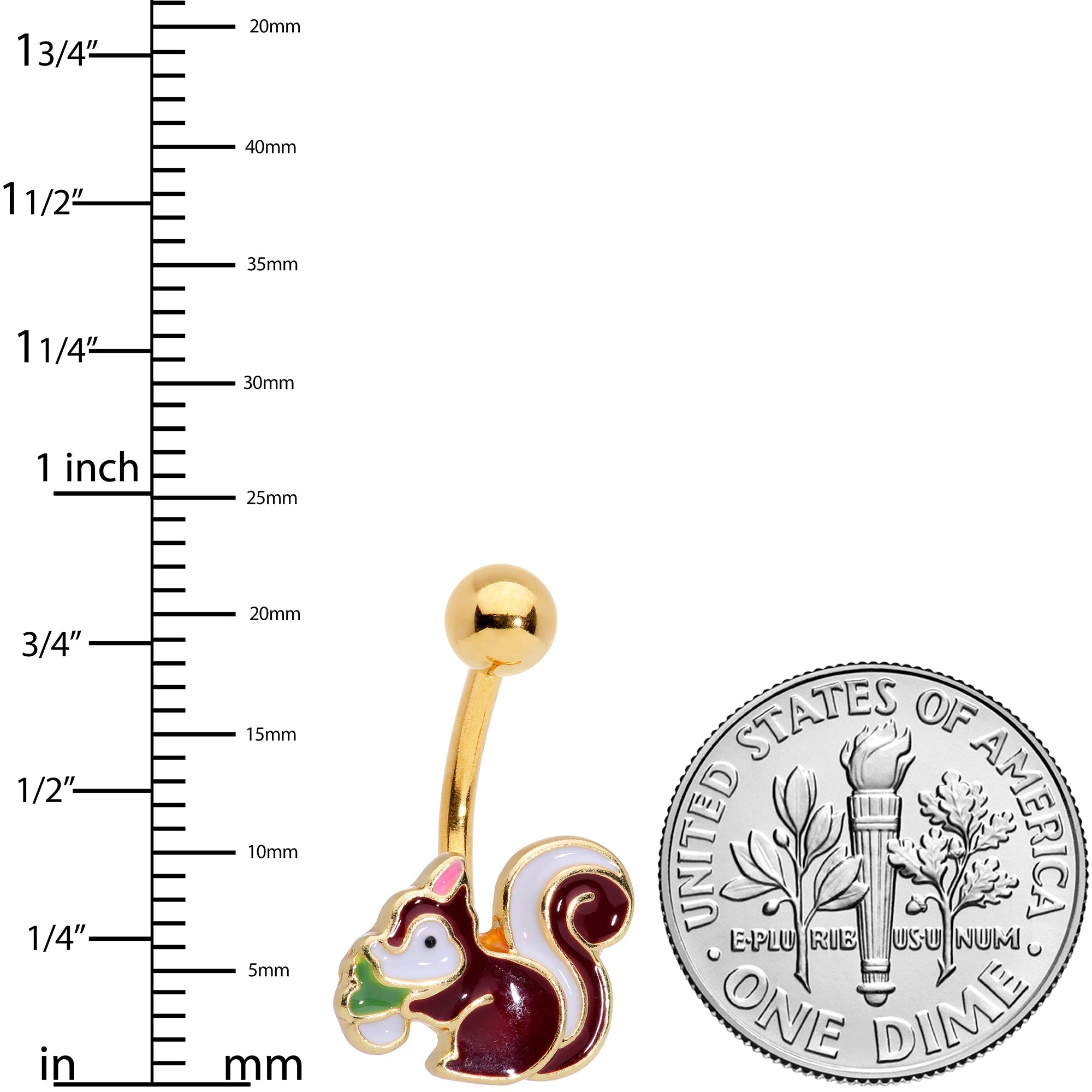 BodyCandy Gold Tone Brown White Snacking Squirrel Belly Ring — detail close-up