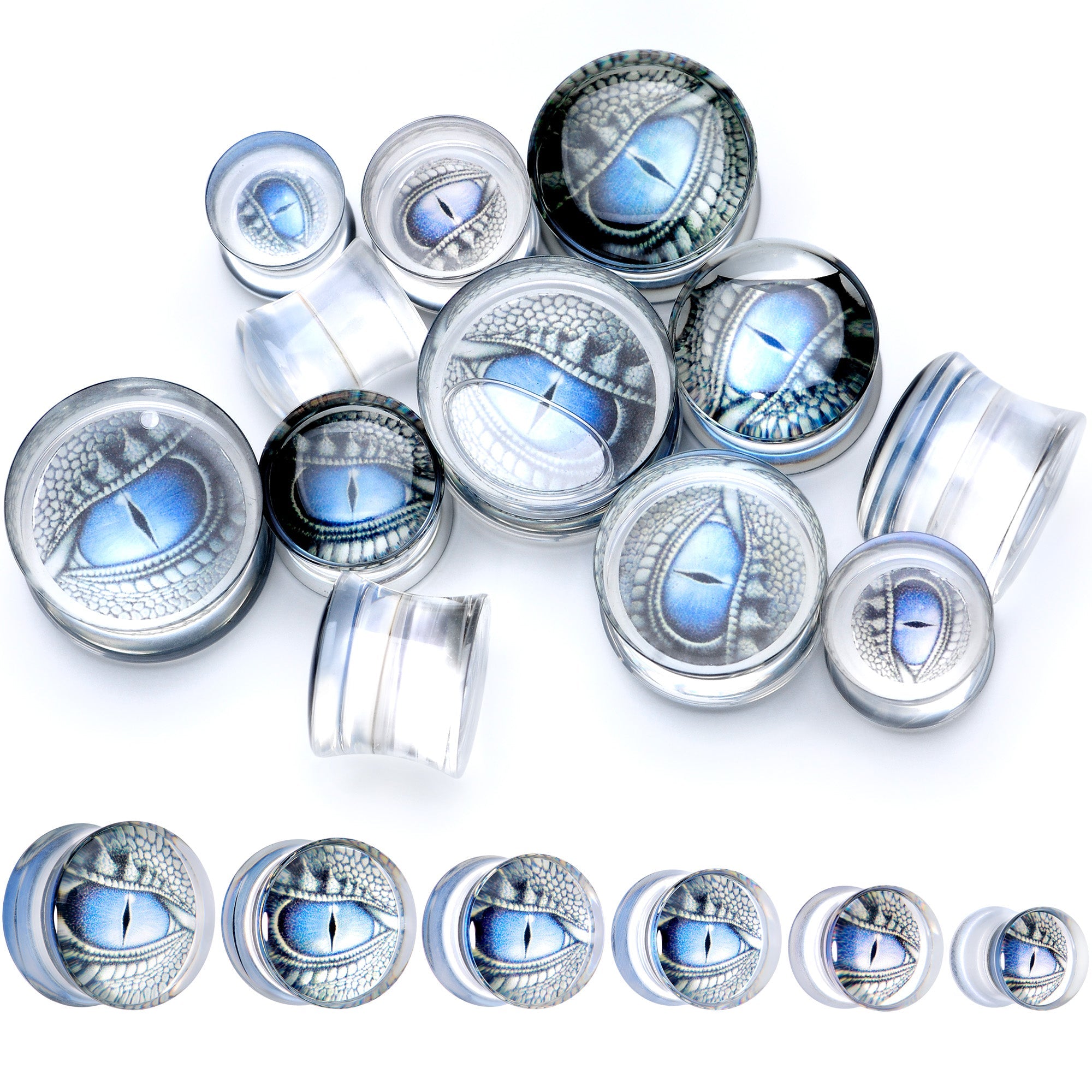 BodyCandy Clear Blue Acrylic Dragons Eye Saddle Plug Set — main product shot