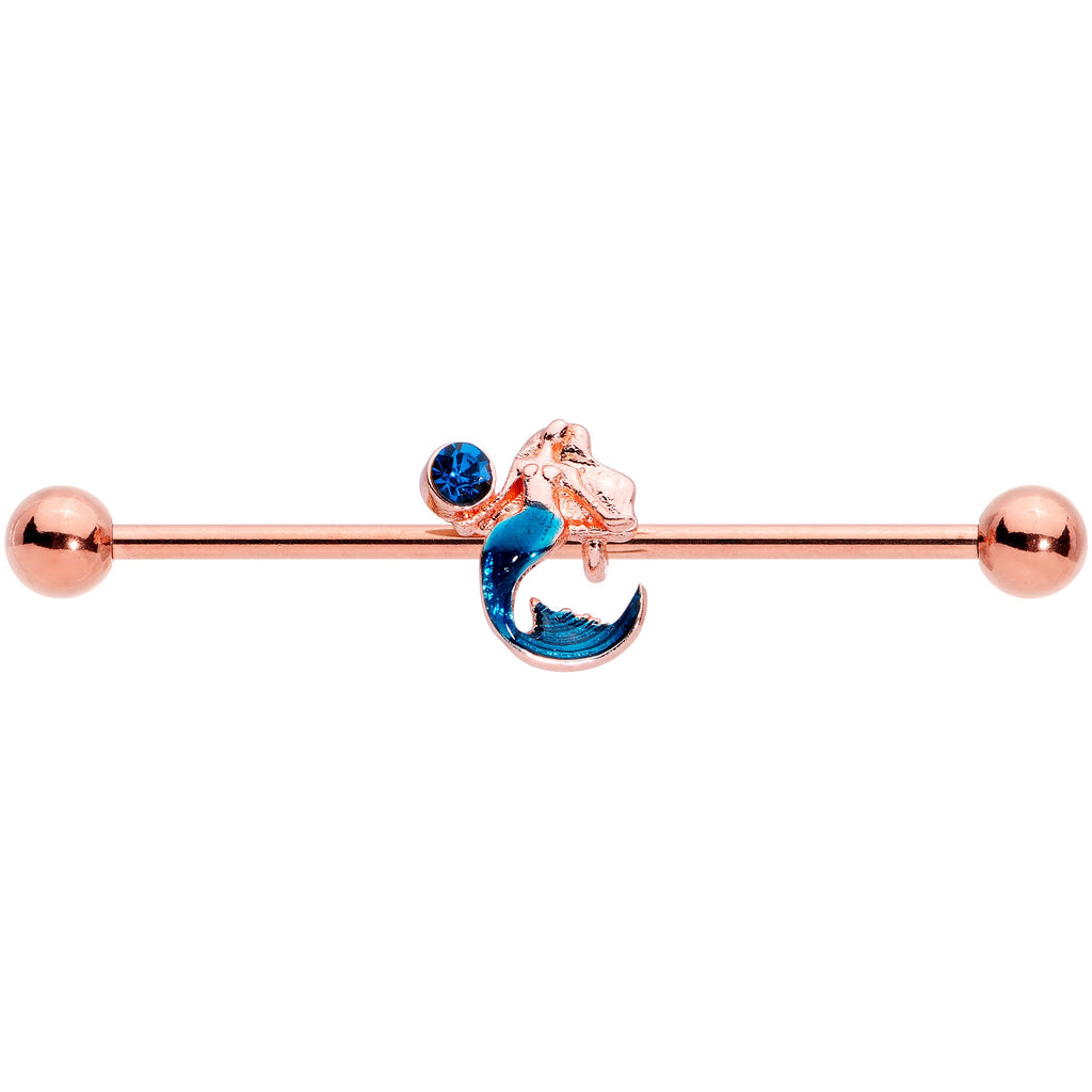BodyCandy 14G Aqua Gem Rose Gold Tone Mermaid Industrial Barbell 38mm — detail close-up