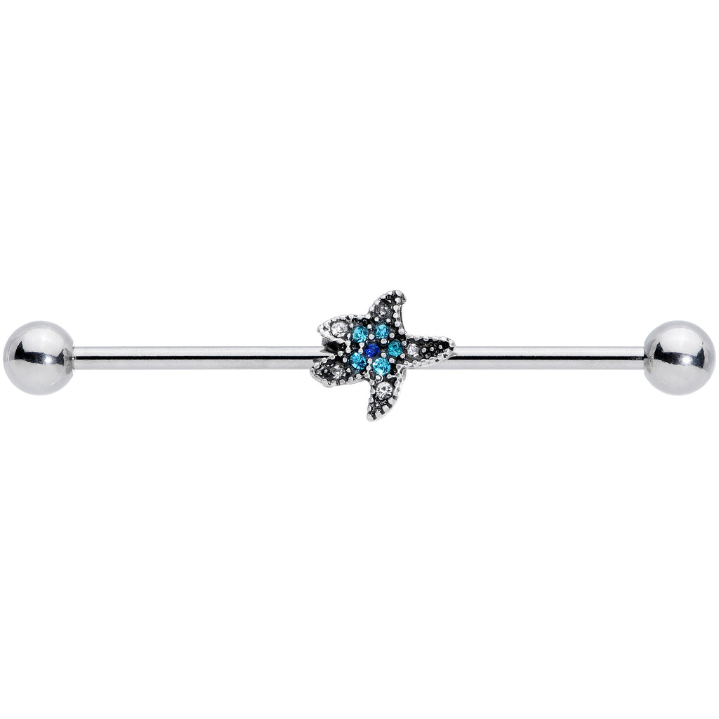 BodyCandy 14G Aqua Blue Clear Gem Starfish Industrial Barbell 38mm — detail close-up