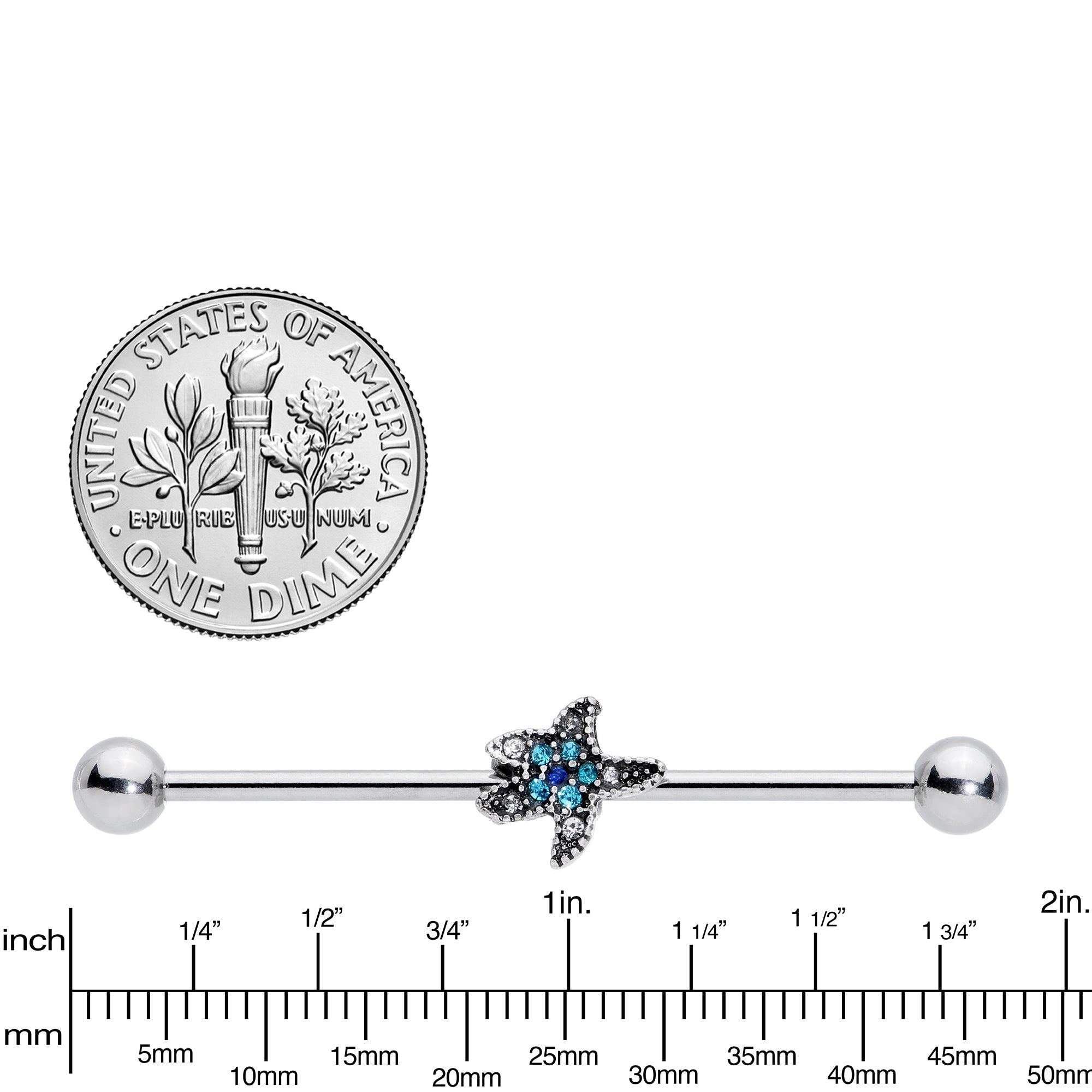 BodyCandy 14G Aqua Blue Clear Gem Starfish Industrial Barbell 38mm — lifestyle context