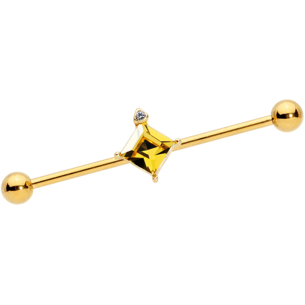 BodyCandy 14G Clear Yellow Gem Gold Tone Rhombus Industrial Barbell 38mm — main product shot