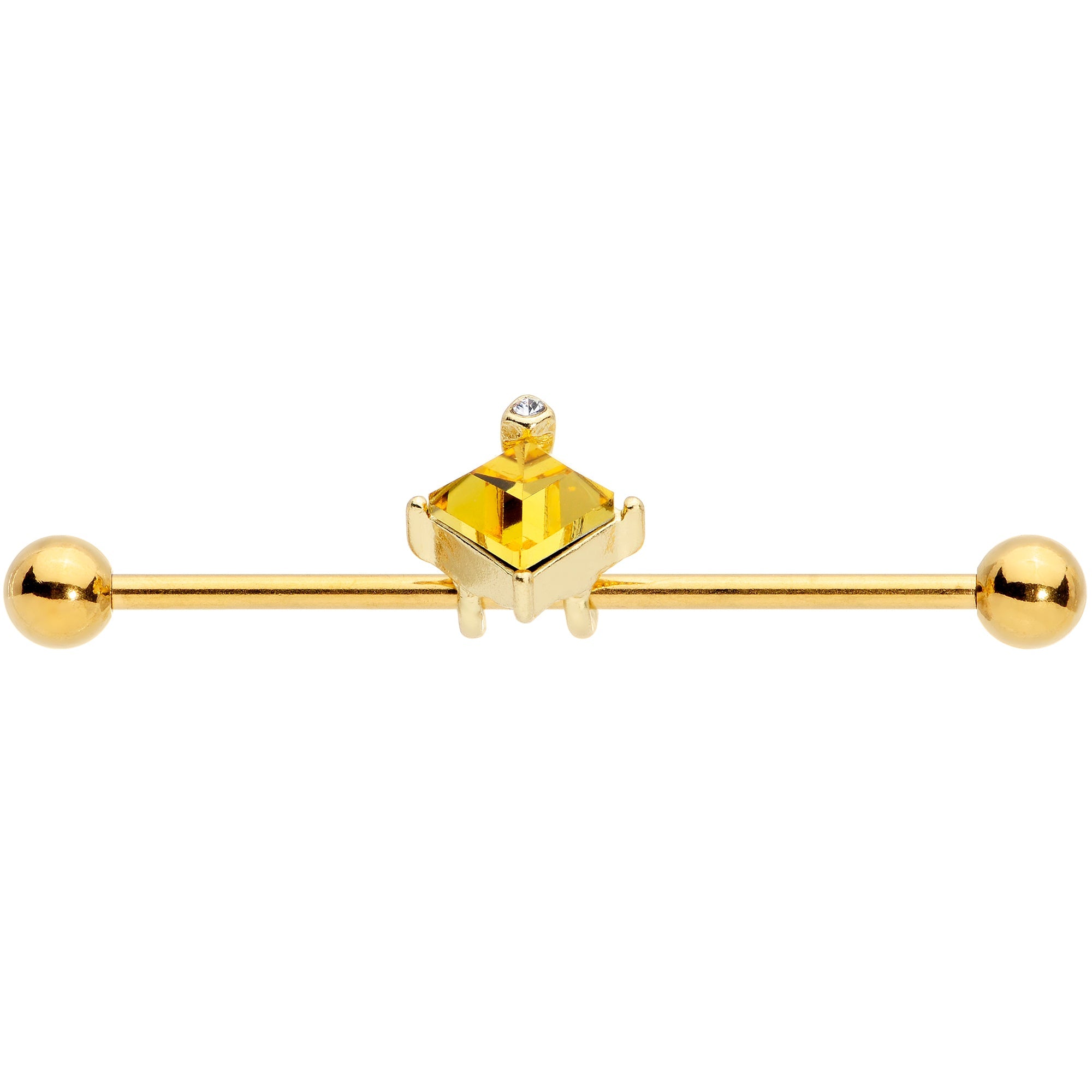 BodyCandy 14G Clear Yellow Gem Gold Tone Rhombus Industrial Barbell 38mm — detail close-up