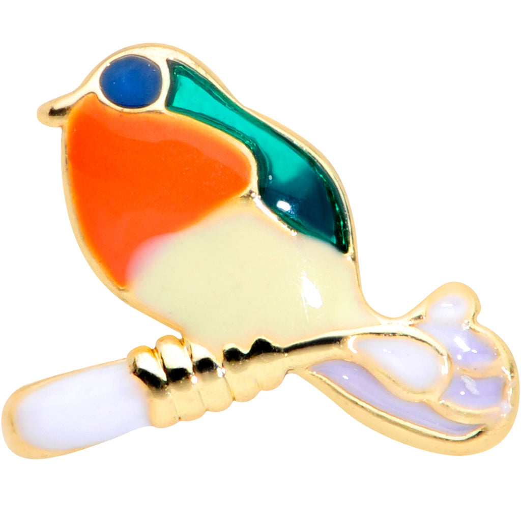 BodyCandy 16G 5/16 Green Gem Gold Tone Perched Bird Labret Monroe Tragus — detail close-up