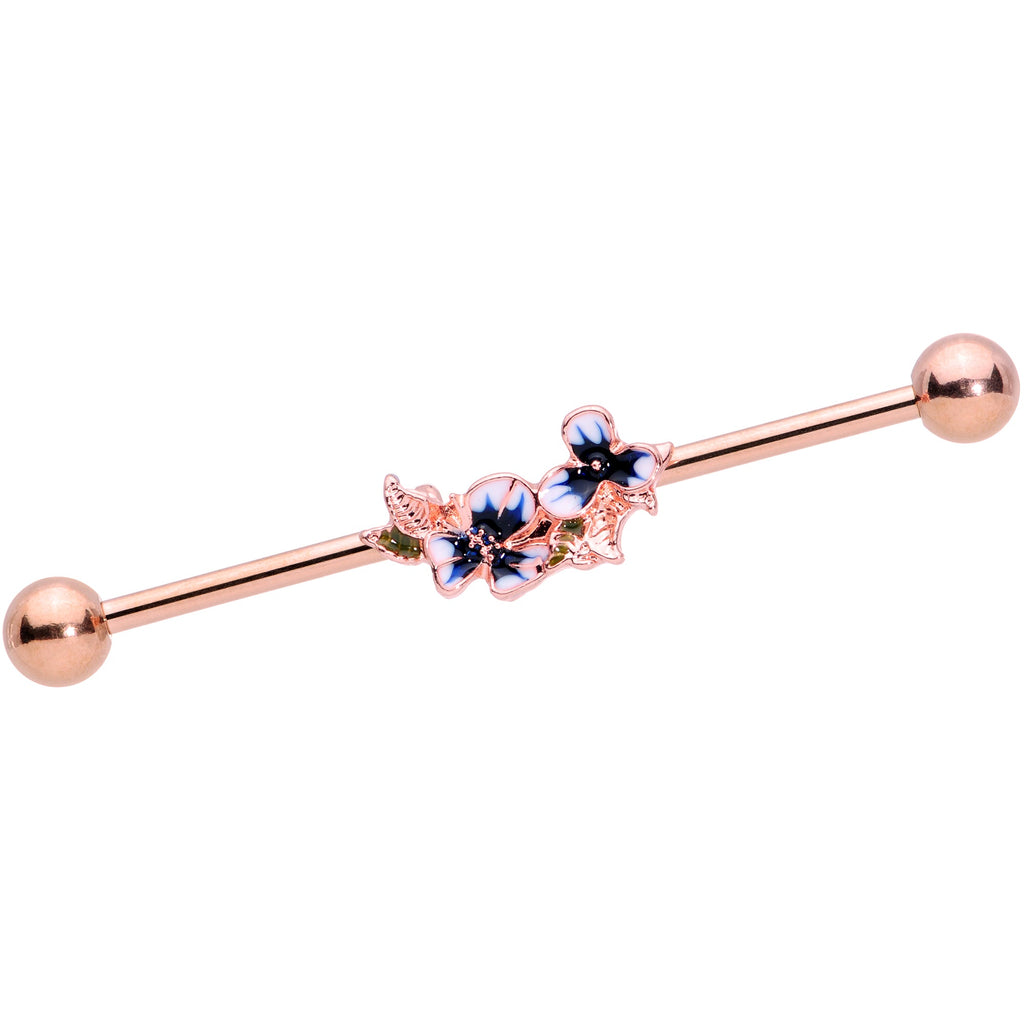 BodyCandy 14G Rose Gold Tone Blue Tropical Flower Industrial Barbell 38mm — main product shot