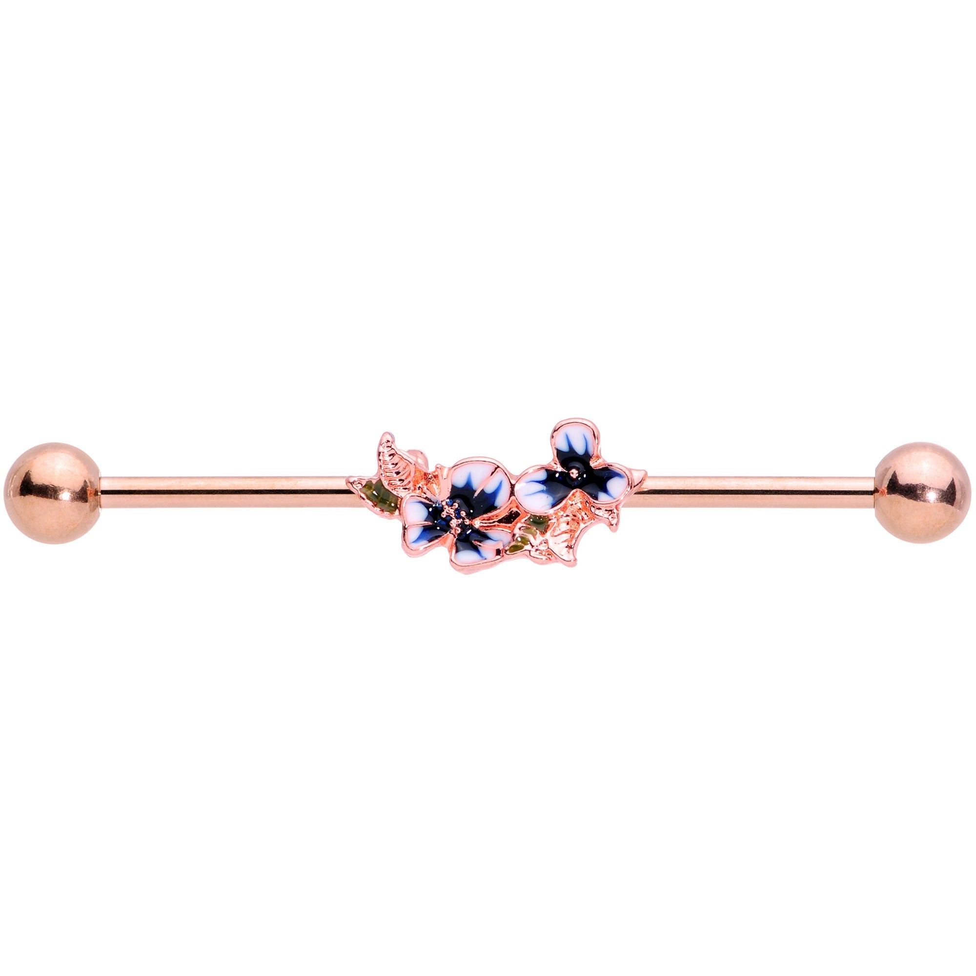 BodyCandy 14G Rose Gold Tone Blue Tropical Flower Industrial Barbell 38mm — detail close-up