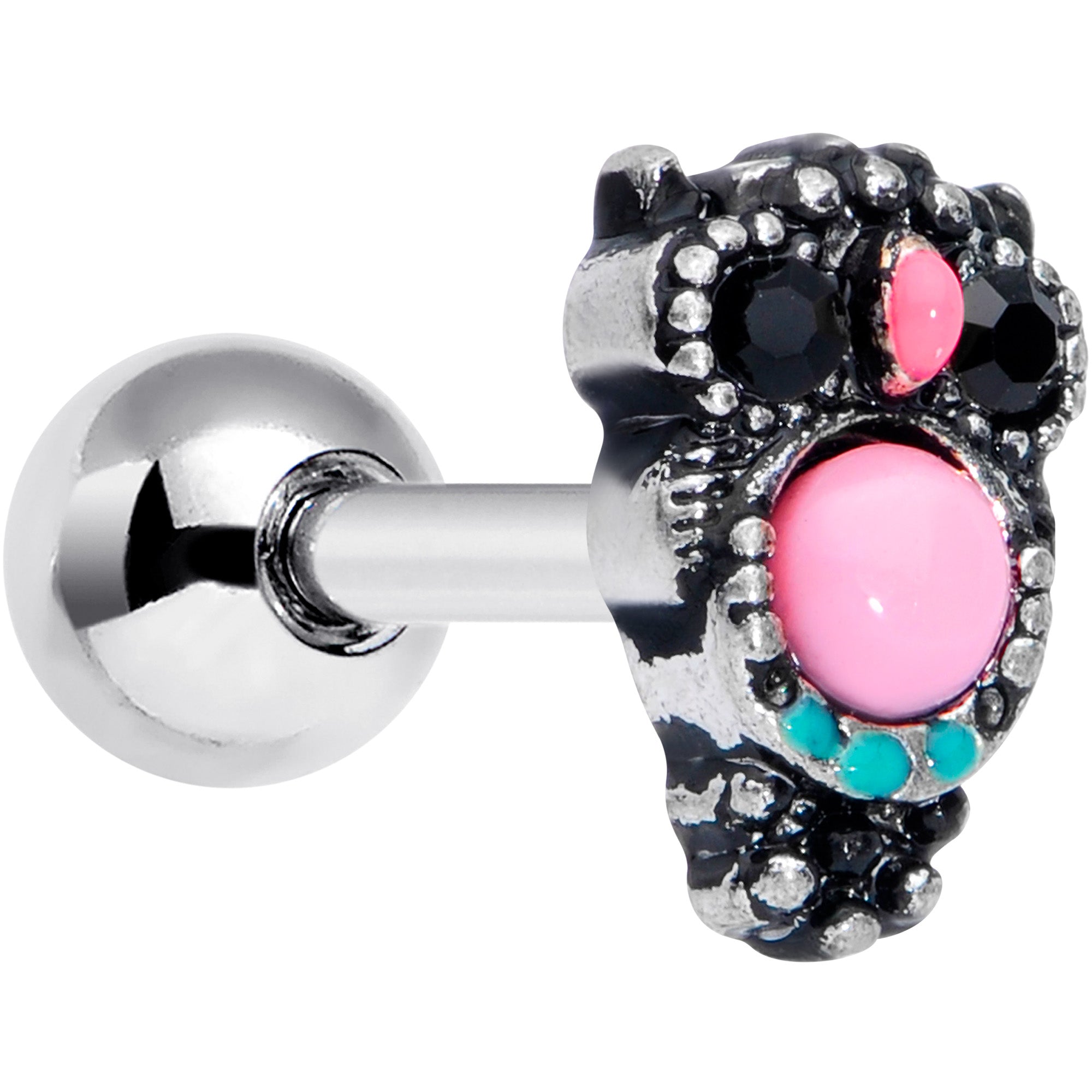 BodyCandy 16G 1/4 Black Gem Pink Orb Owl Cartilage Tragus Earring — main product shot