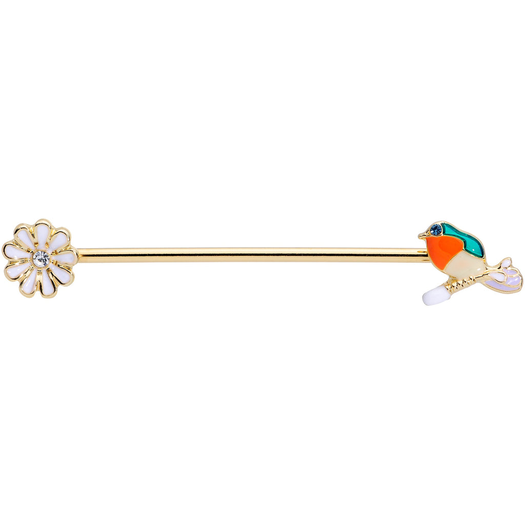 BodyCandy 14G Green Gem Gold Tone Perch Bird Industrial Barbell 38mm — detail close-up