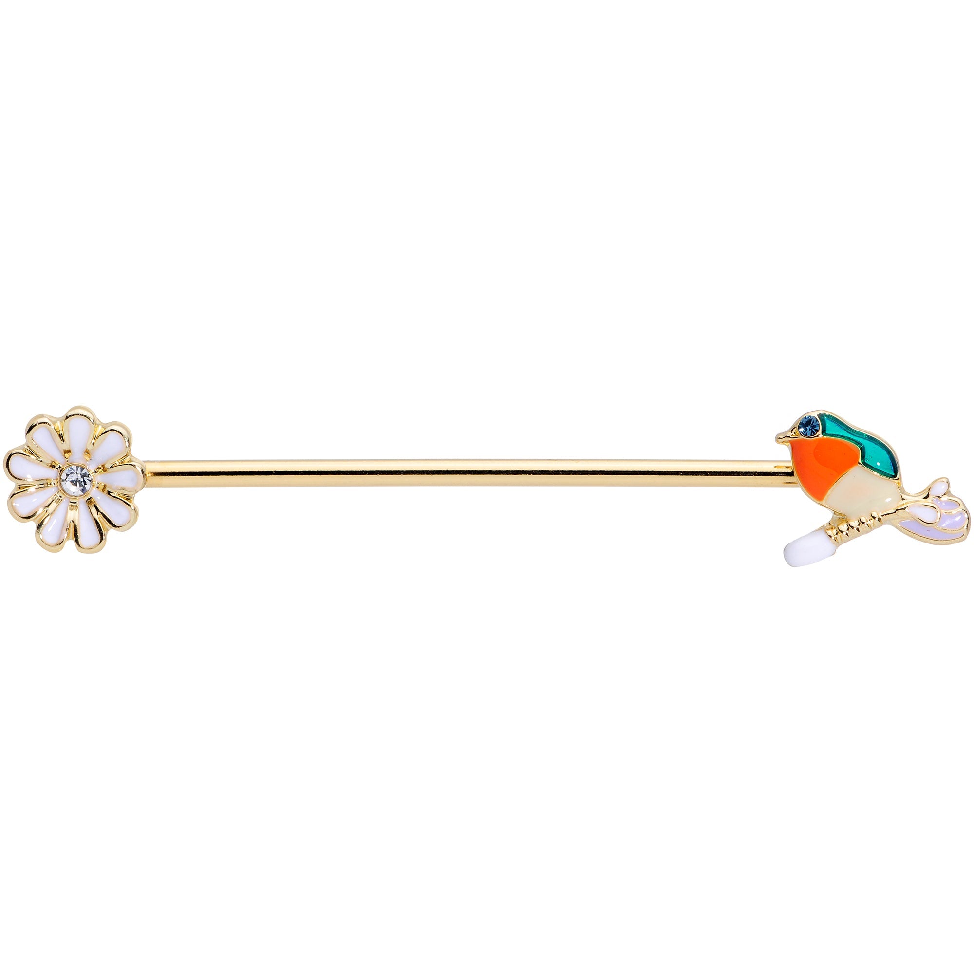 BodyCandy 14G Green Gem Gold Tone Perch Bird Industrial Barbell 38mm — detail close-up