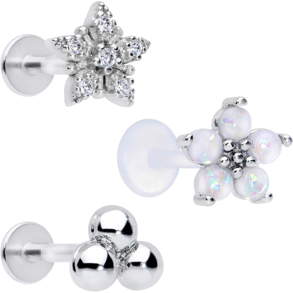 BodyCandy 16G 5/16 CZ Gem White Faux Opal Bioplast Labret Tragus Set of 3 — main product shot