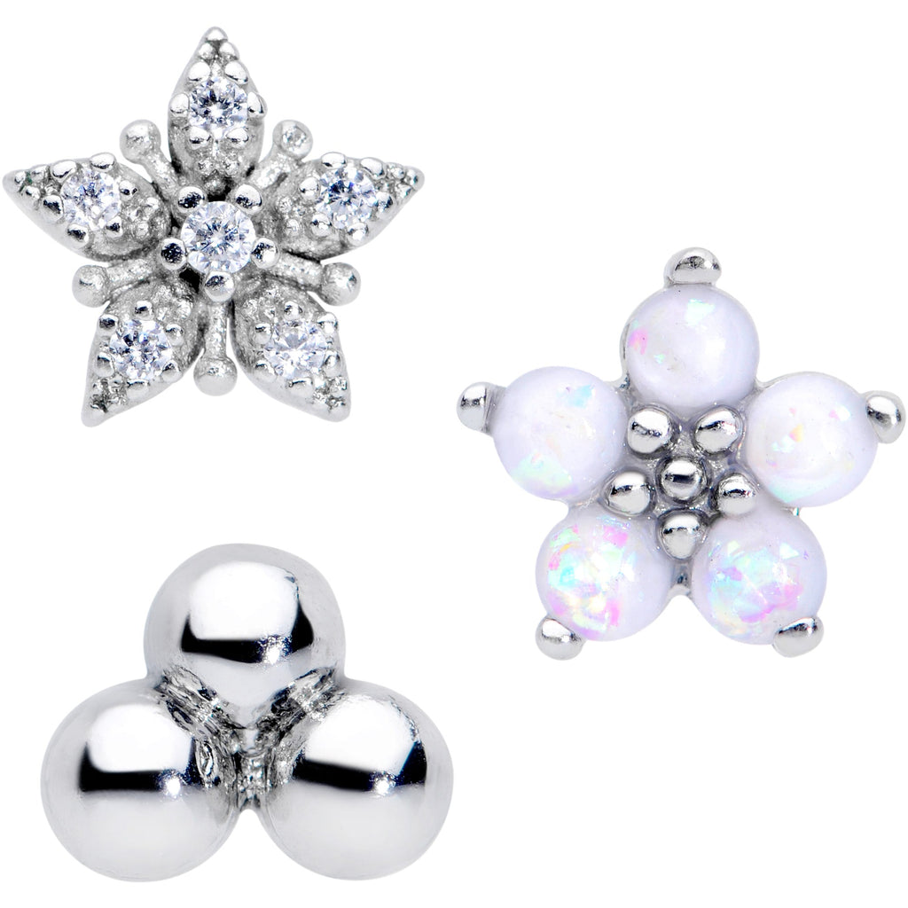 BodyCandy 16G 5/16 CZ Gem White Faux Opal Bioplast Labret Tragus Set of 3 — detail close-up