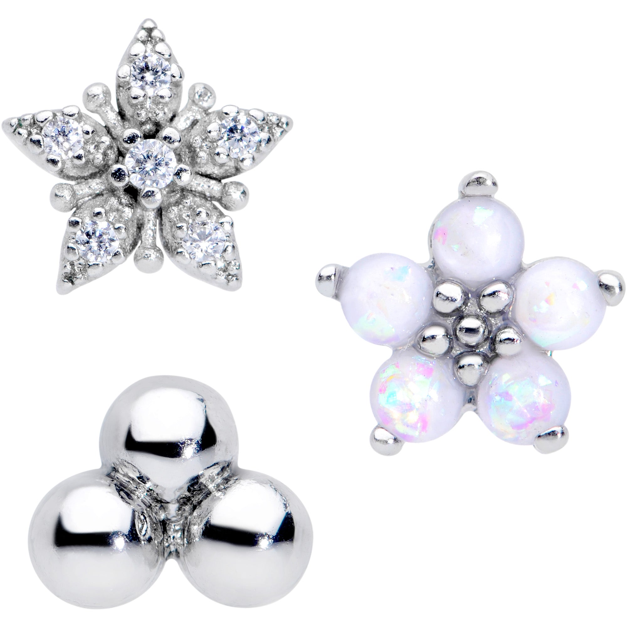 BodyCandy 16G 5/16 CZ Gem White Faux Opal Bioplast Labret Tragus Set of 3 — detail close-up