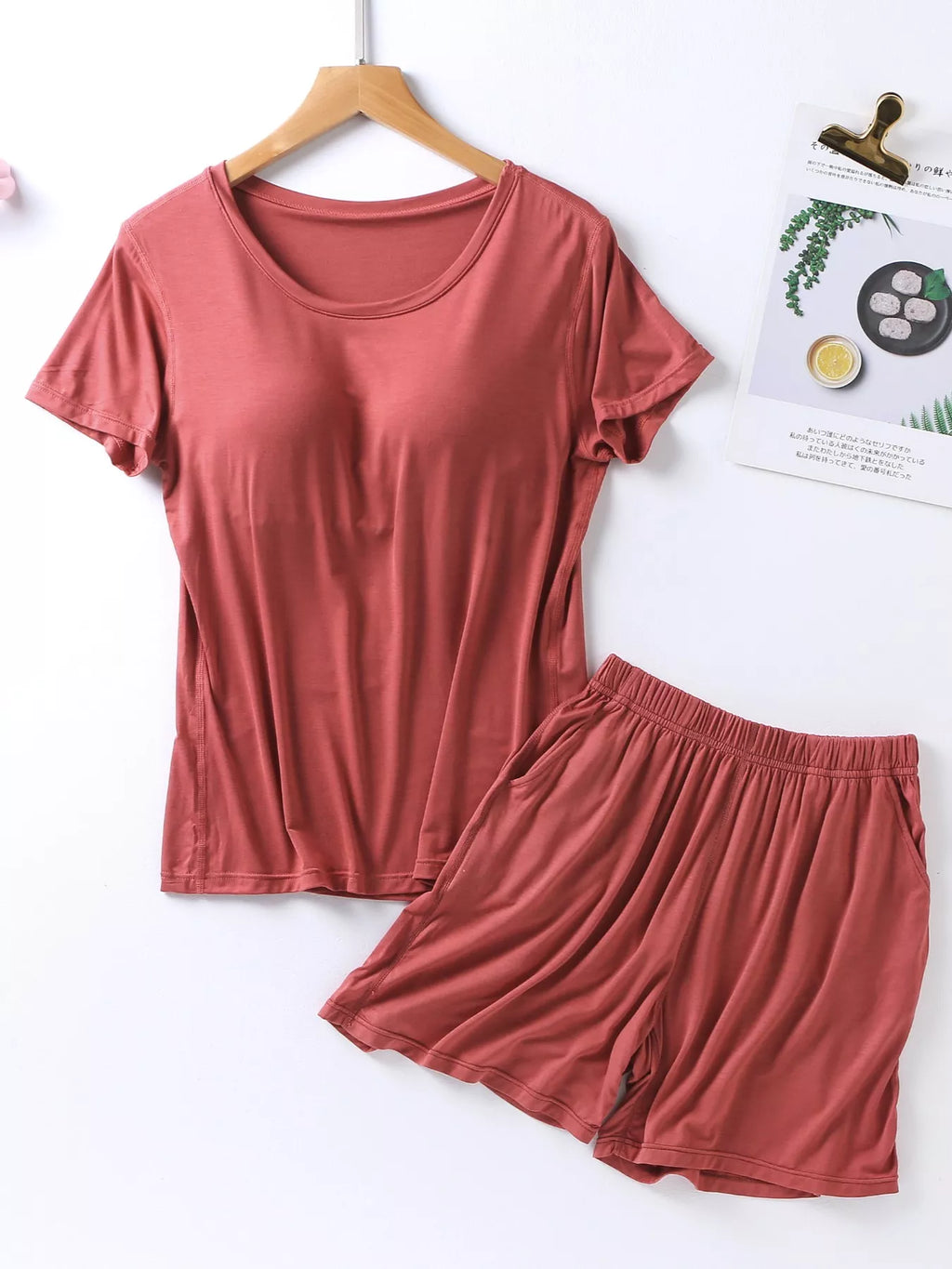 Plus Size Padded Round Neck Modal T-Shirt and Shorts Set