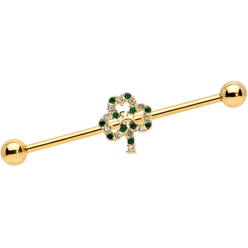 BodyCandy 14G Green Gem Gold Tone Double Shamrock Industrial Barbell 38mm — main product shot