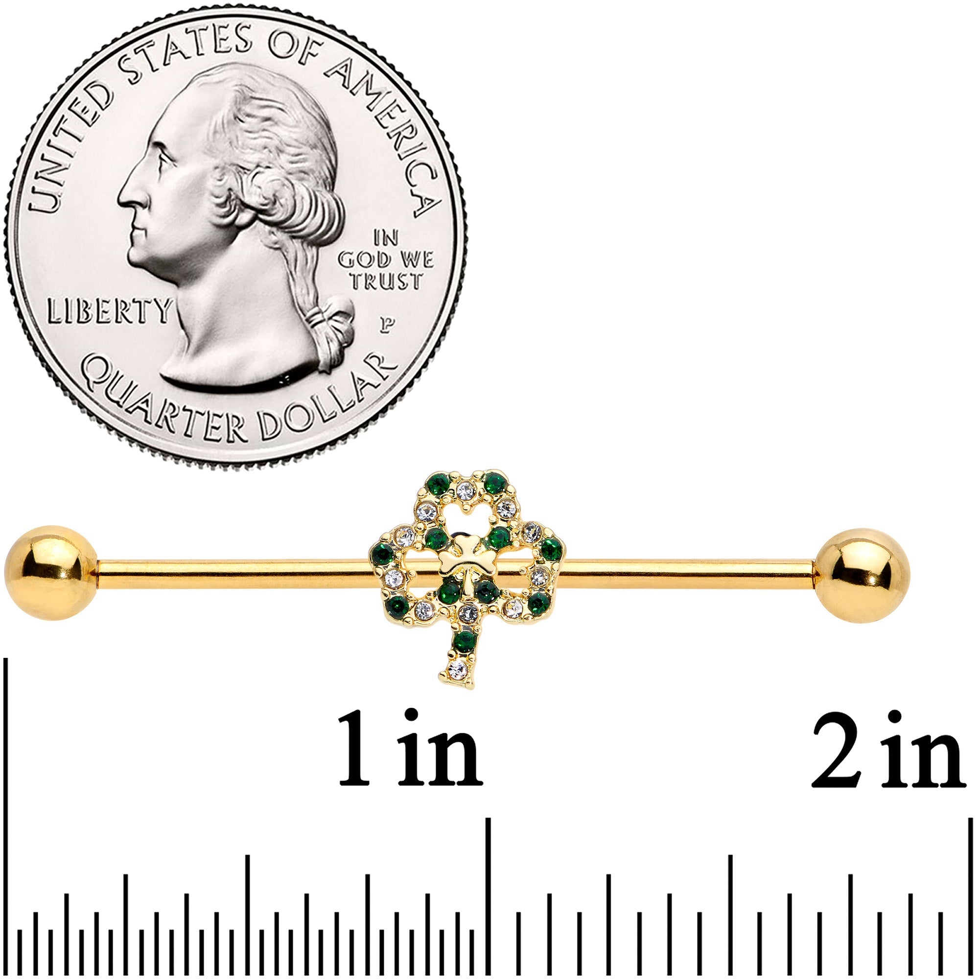 BodyCandy 14G Green Gem Gold Tone Double Shamrock Industrial Barbell 38mm — detail close-up
