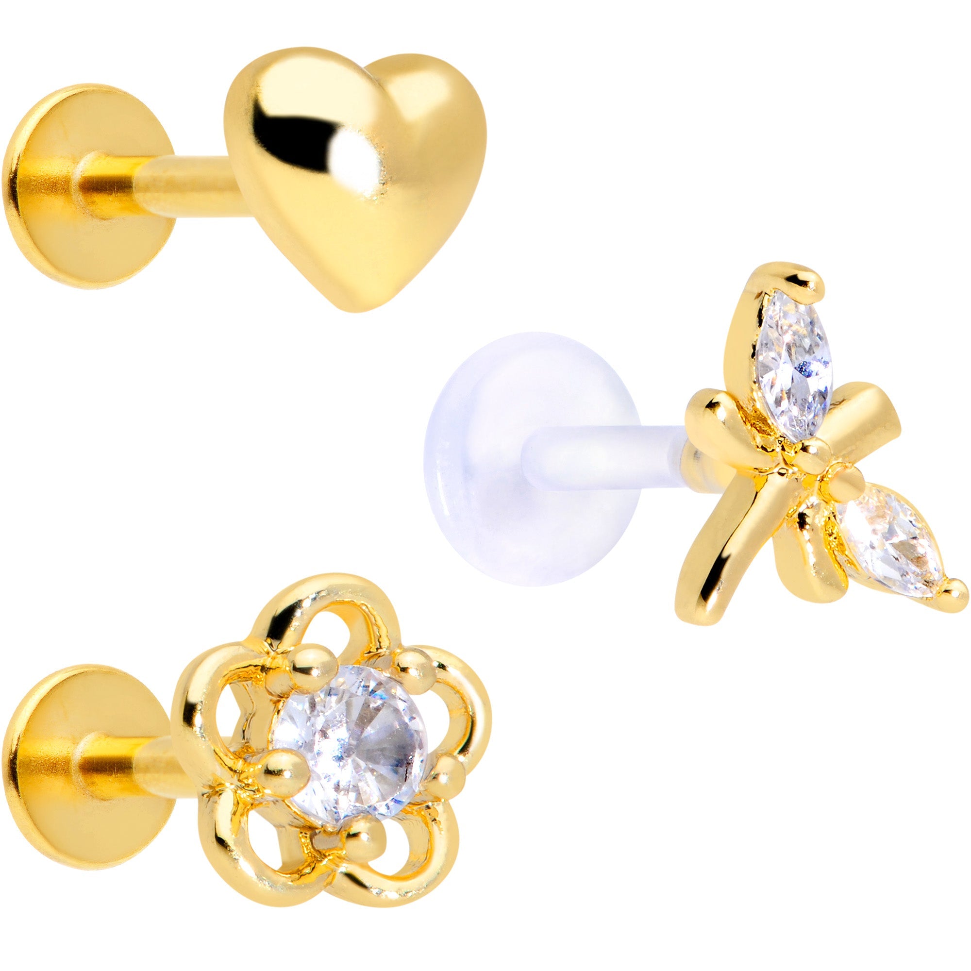 BodyCandy 16G 5/16 Clear CZ Gem Gold Tone Heart Labret Tragus Set of 3 — main product shot