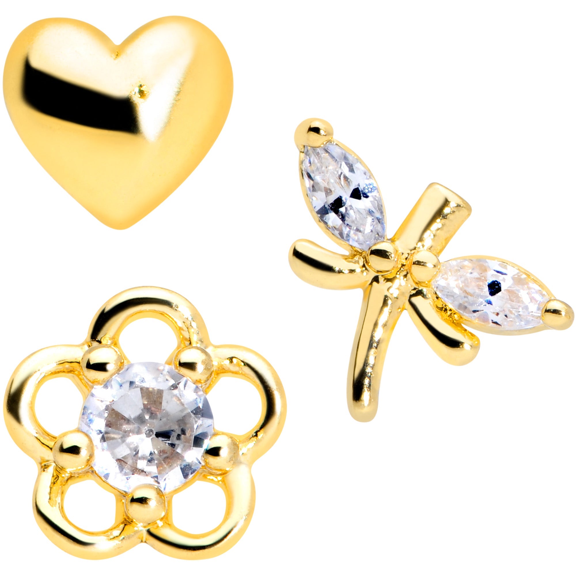 BodyCandy 16G 5/16 Clear CZ Gem Gold Tone Heart Labret Tragus Set of 3 — side view
