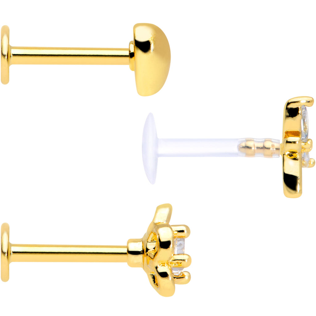 BodyCandy 16G 5/16 Clear CZ Gem Gold Tone Heart Labret Tragus Set of 3 — back view
