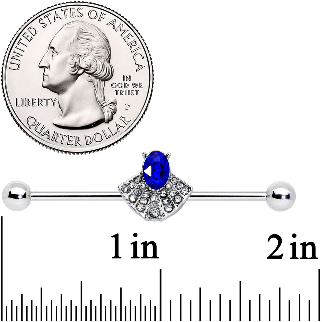 BodyCandy 14G Blue Clear Gem Art Deco Fan Industrial Barbell 38mm — detail close-up