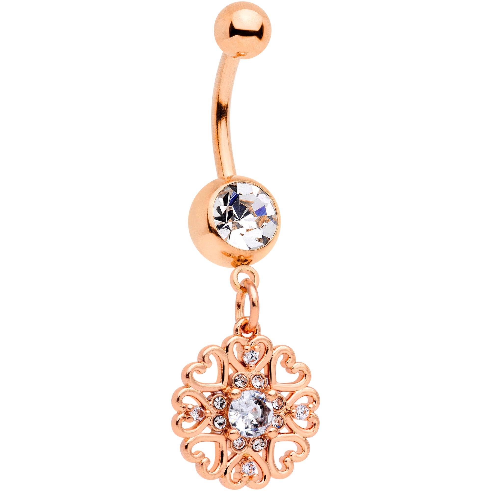 BodyCandy Clear CZ Gem Rose Gold Tone Hearts Dangle Belly Ring — main product shot