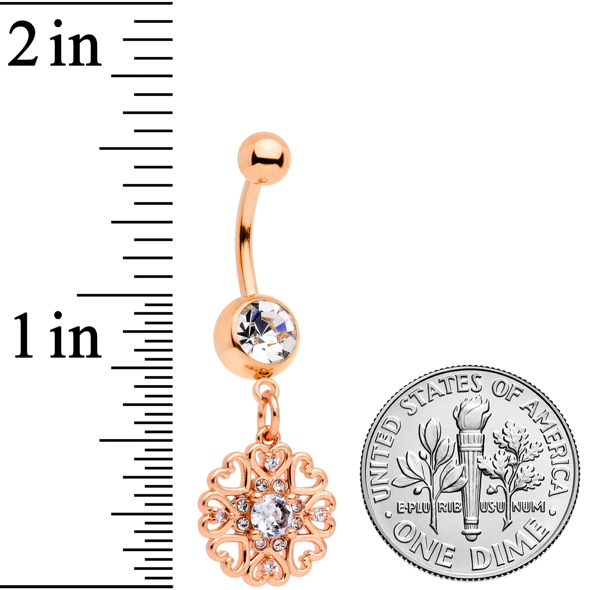BodyCandy Clear CZ Gem Rose Gold Tone Hearts Dangle Belly Ring — side view