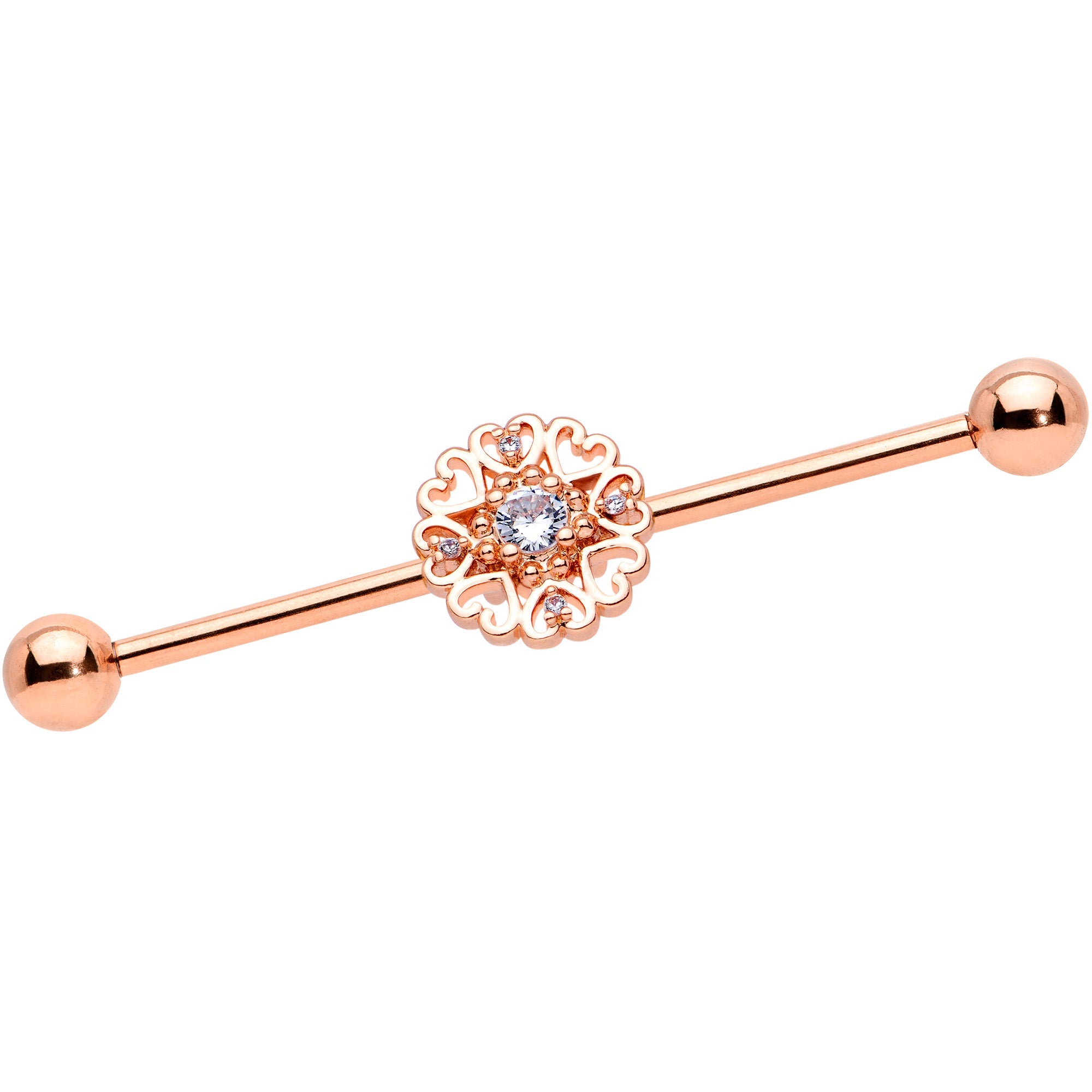 BodyCandy 14G Clear CZ Gem Rose Gold Tone Hearts Industrial Barbell 38mm — main product shot