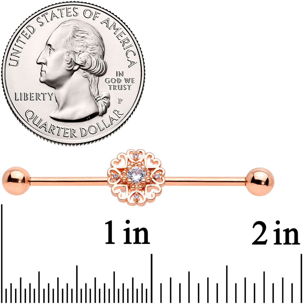 BodyCandy 14G Clear CZ Gem Rose Gold Tone Hearts Industrial Barbell 38mm — side view