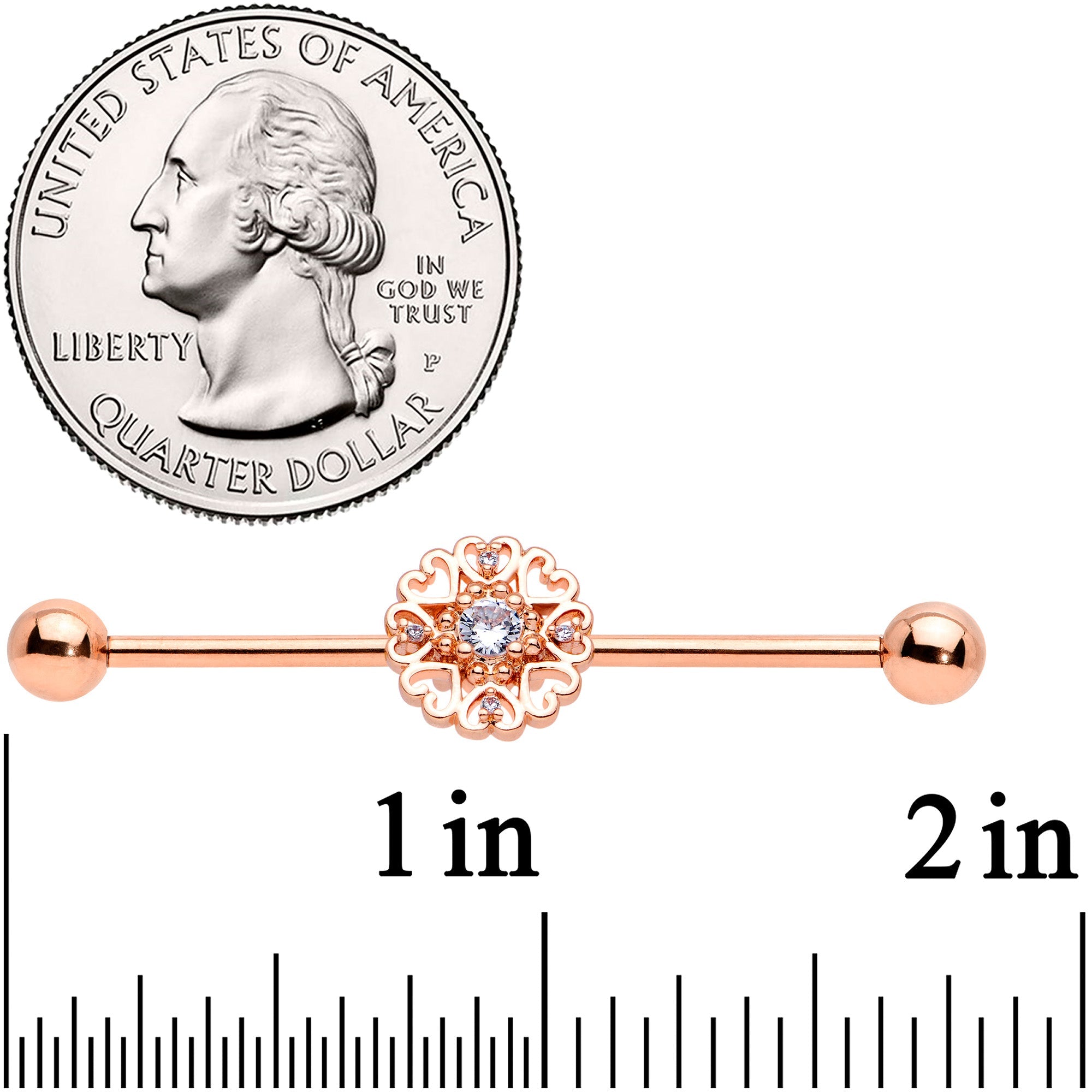 BodyCandy 14G Clear CZ Gem Rose Gold Tone Hearts Industrial Barbell 38mm — side view
