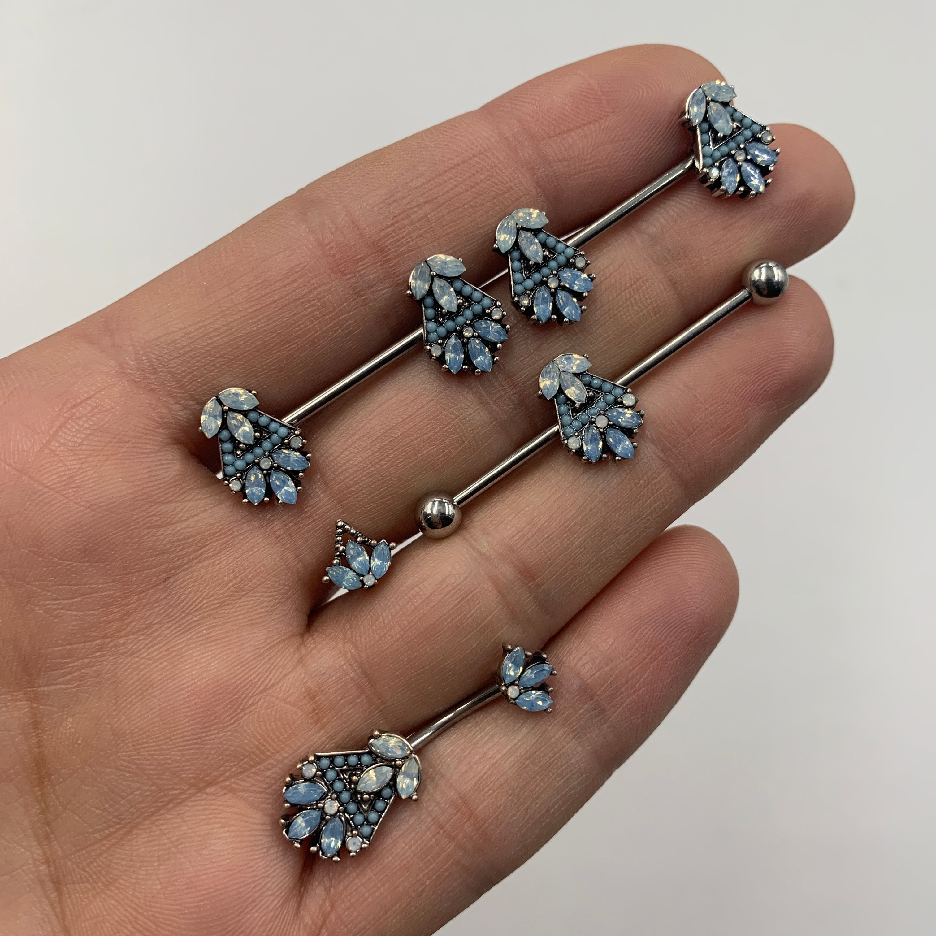 BodyCandy 14G Blue White Faux Opal Ornate Industrial Barbell 38mm — detail close-up