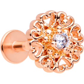 16G 5/16 Clear CZ Rose Gold Tone Hearts Labret Monroe Tragus