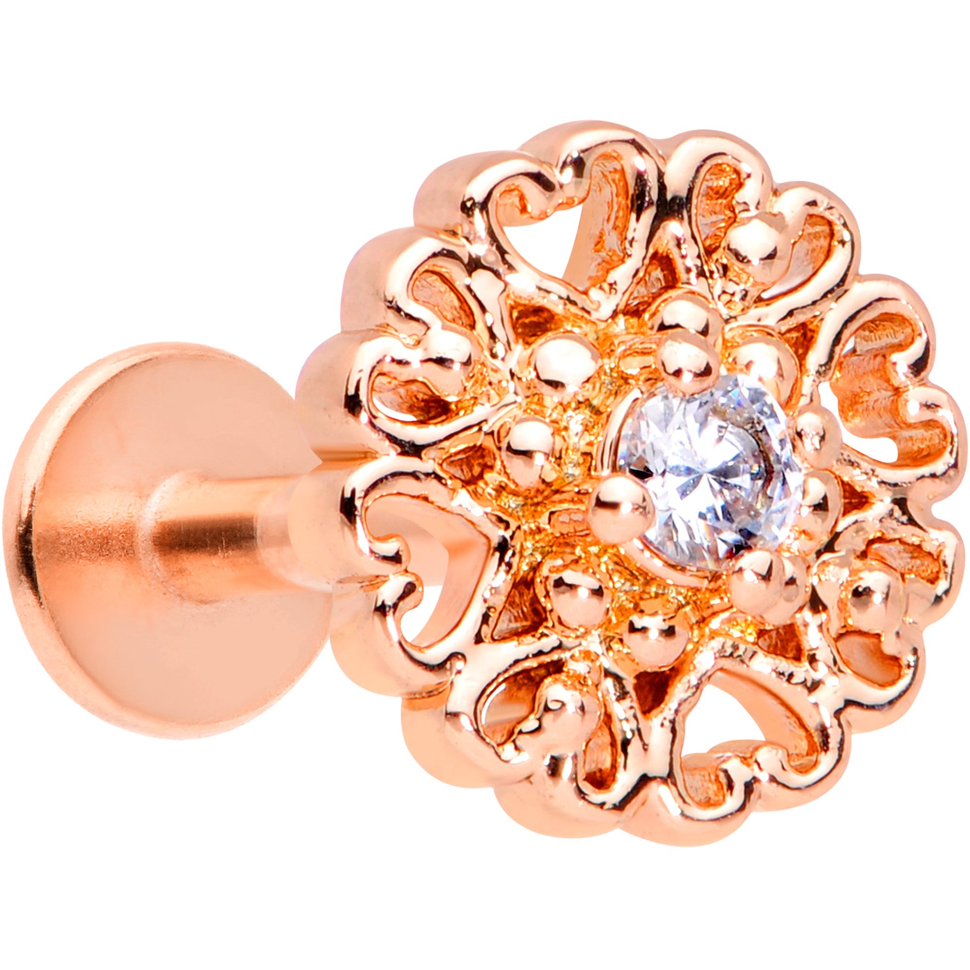 BodyCandy 16G 5/16 Clear CZ Rose Gold Tone Hearts Labret Monroe Tragus — main product shot