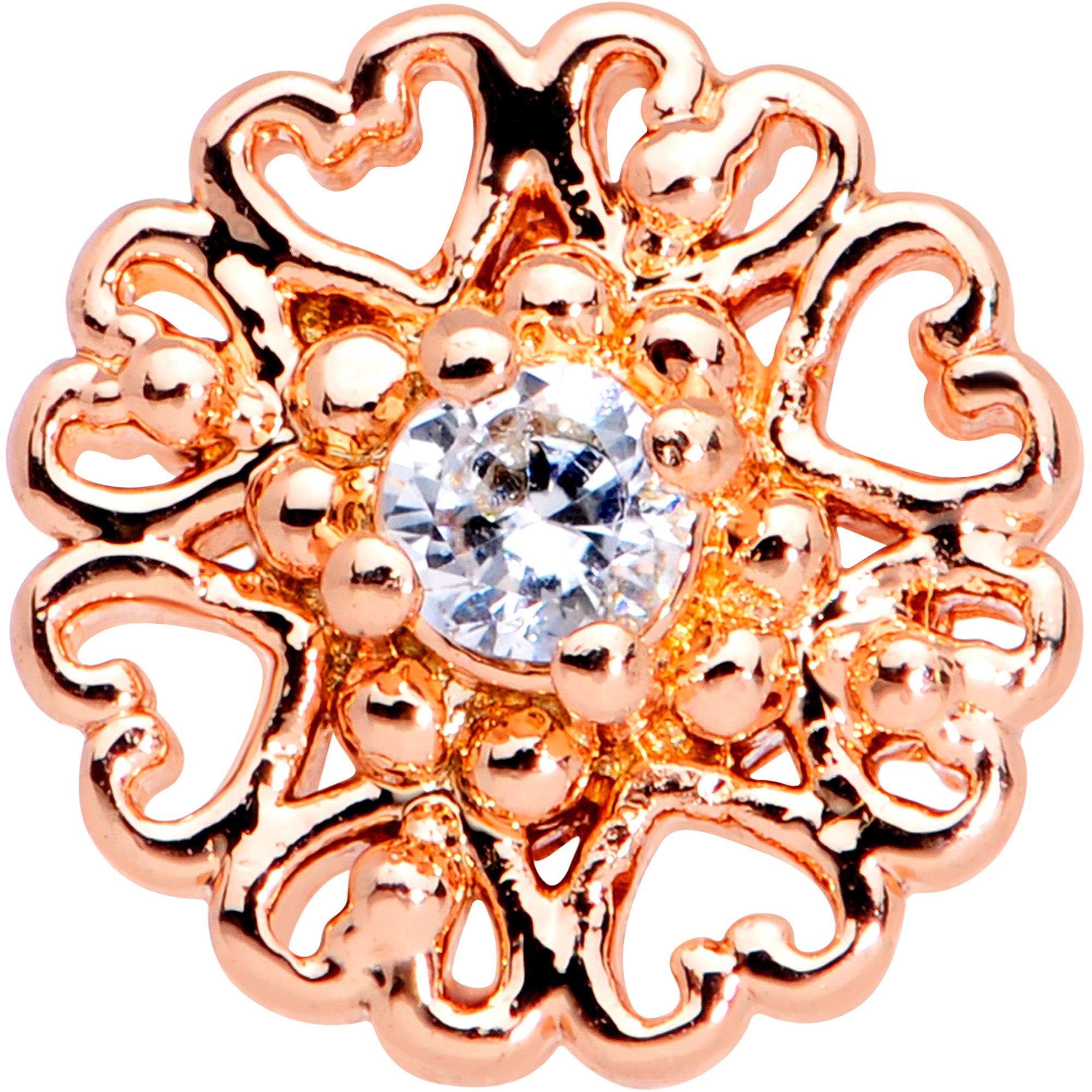 BodyCandy 16G 5/16 Clear CZ Rose Gold Tone Hearts Labret Monroe Tragus — side view