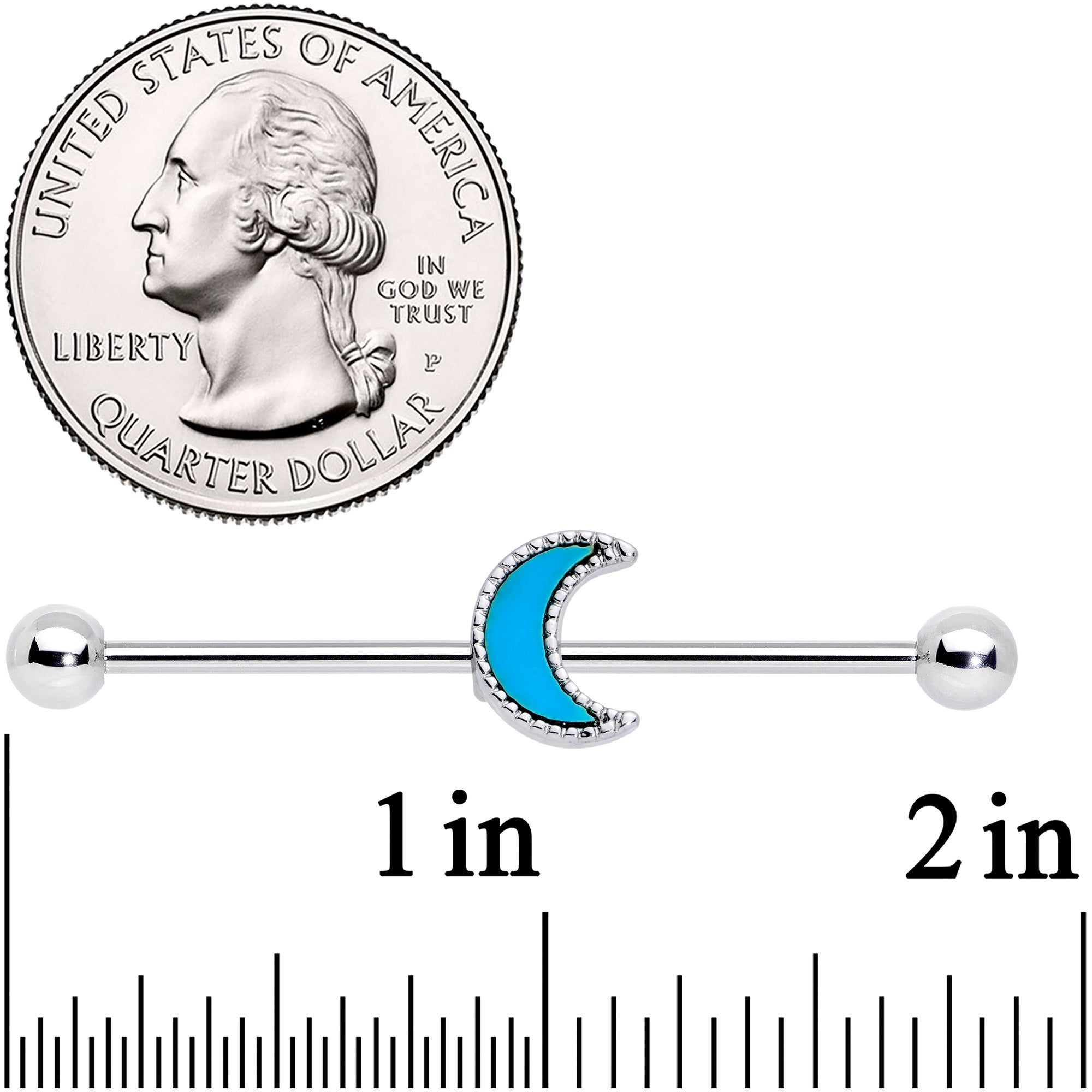 BodyCandy 14G  Faux Turquoise Crescent Moon Industrial Barbell 38mm — detail close-up