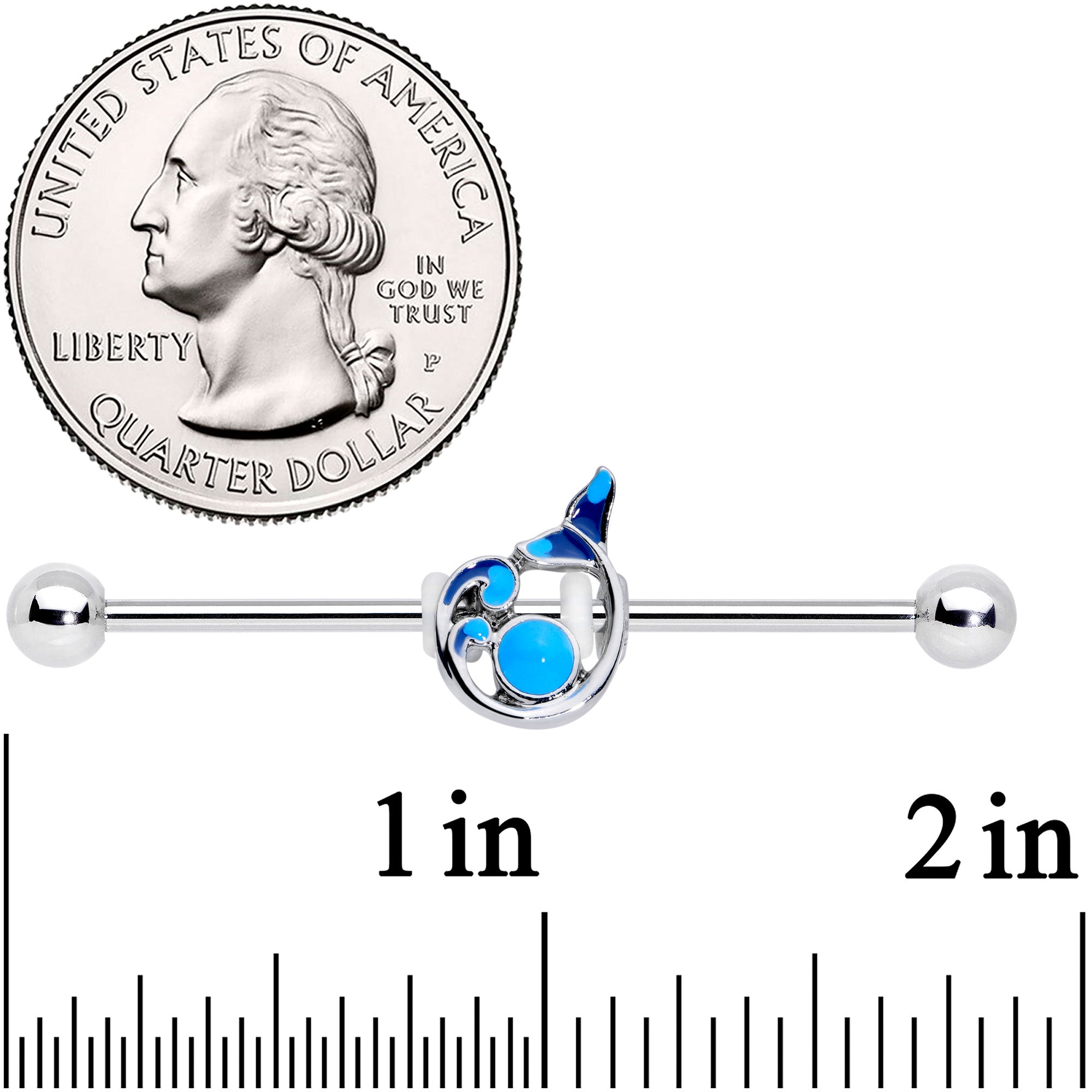 BodyCandy 14G Blue Water Whale Industrial Barbell 38mm — detail close-up