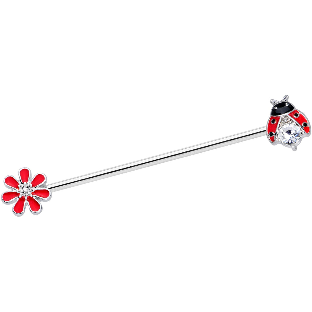 BodyCandy 14G Clear Gem Red Ladybug Flower Industrial Barbell 38mm — main product shot