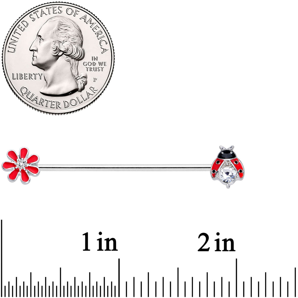 BodyCandy 14G Clear Gem Red Ladybug Flower Industrial Barbell 38mm — detail close-up