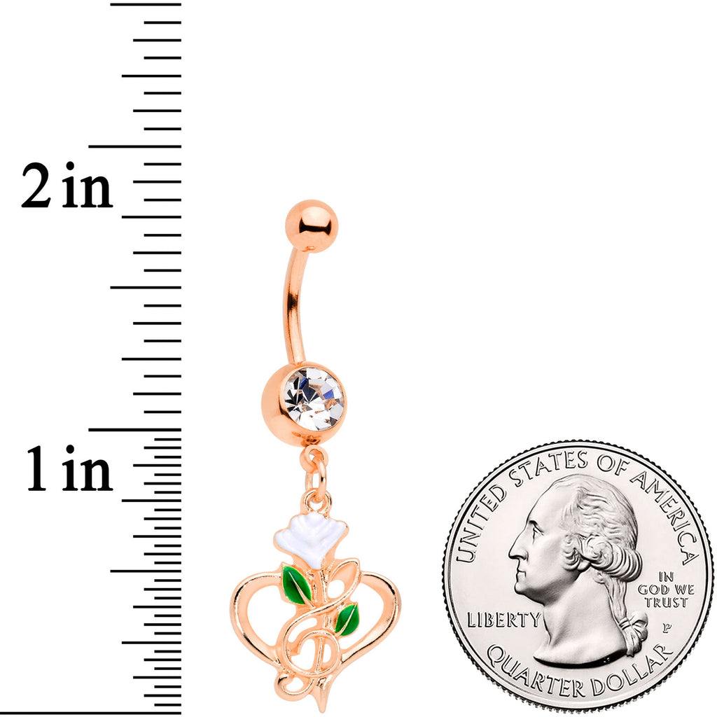 BodyCandy Clear Gem Rose Gold Tone Heart Flower Music Dangle Belly Ring — detail close-up