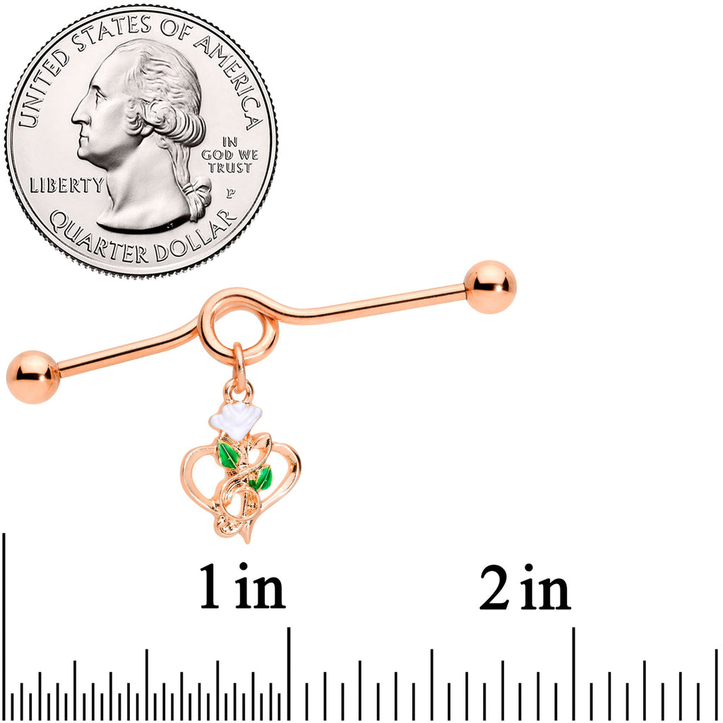 BodyCandy 14G Rose Gold Tone Heart Flower Music Dangle Project Bar 38mm — detail close-up