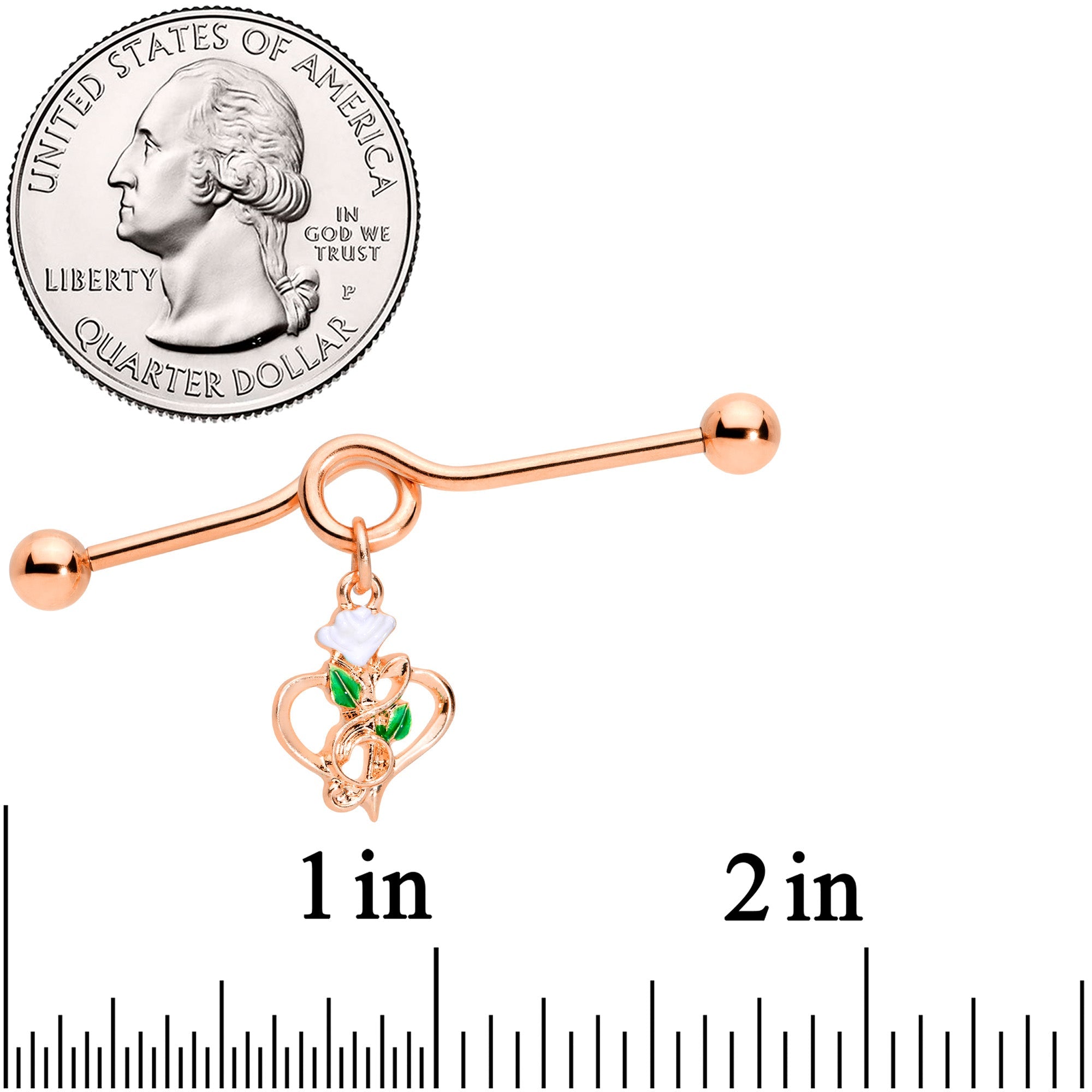 BodyCandy 14G Rose Gold Tone Heart Flower Music Dangle Project Bar 38mm — detail close-up
