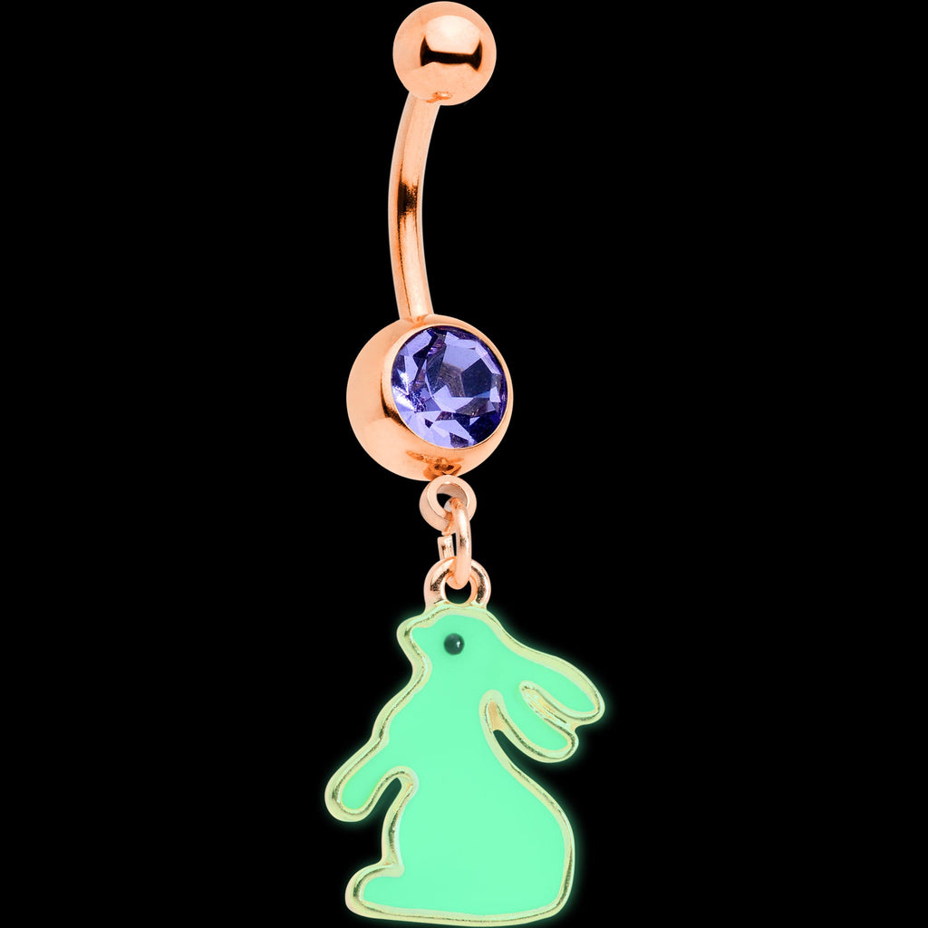 BodyCandy Purple Gem Rose Gold Tone Glow in Dark Easter Bunny Dangle Belly Ring — detail close-up