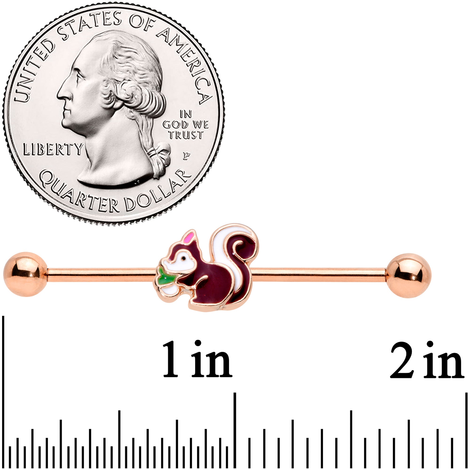 BodyCandy 14G Rose Gold Tone Snacking Squirrel Industrial Barbell 38mm — detail close-up