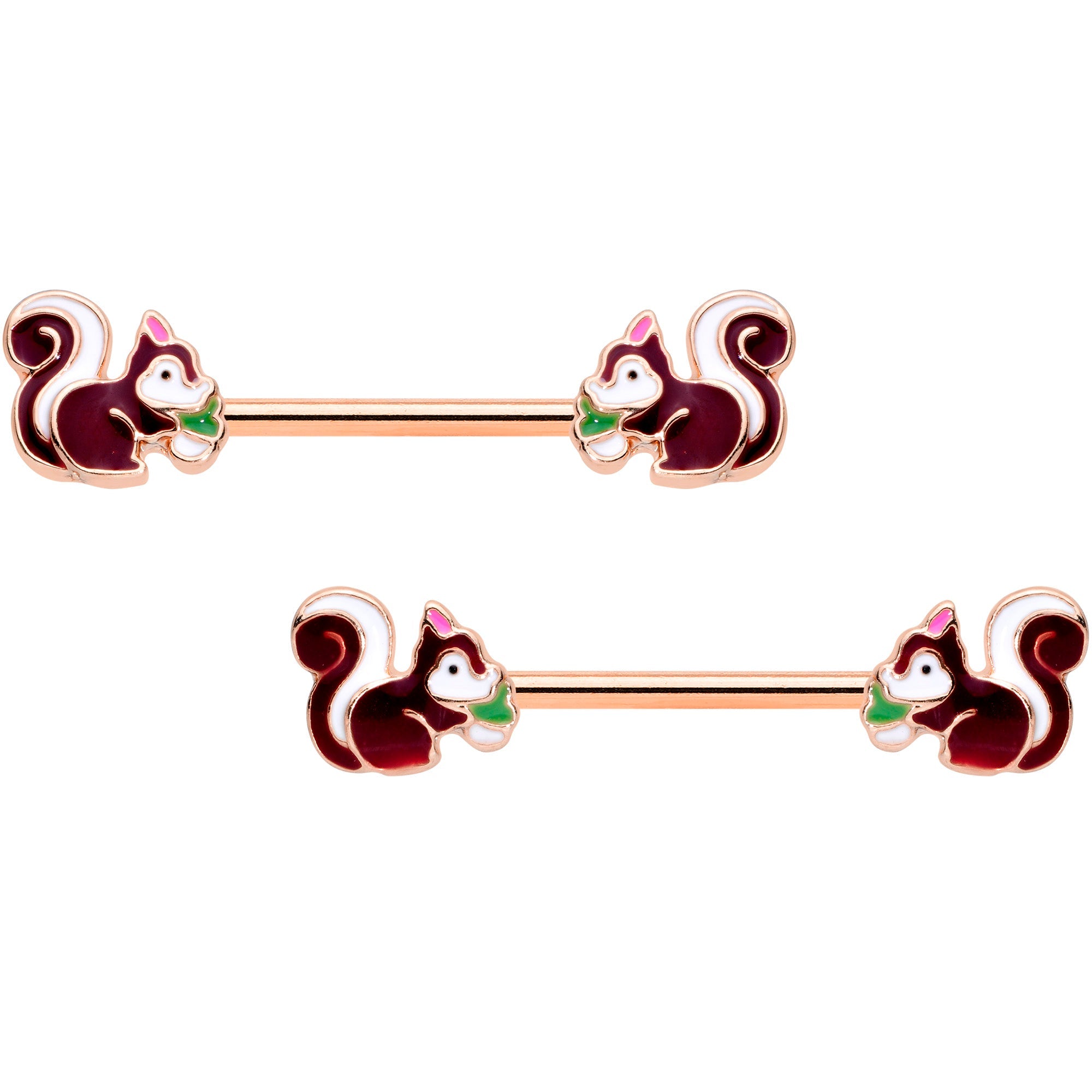 BodyCandy 14G 9/16 Rose Gold Tone Snacking Squirrel Barbell Nipple Ring Set — main product shot