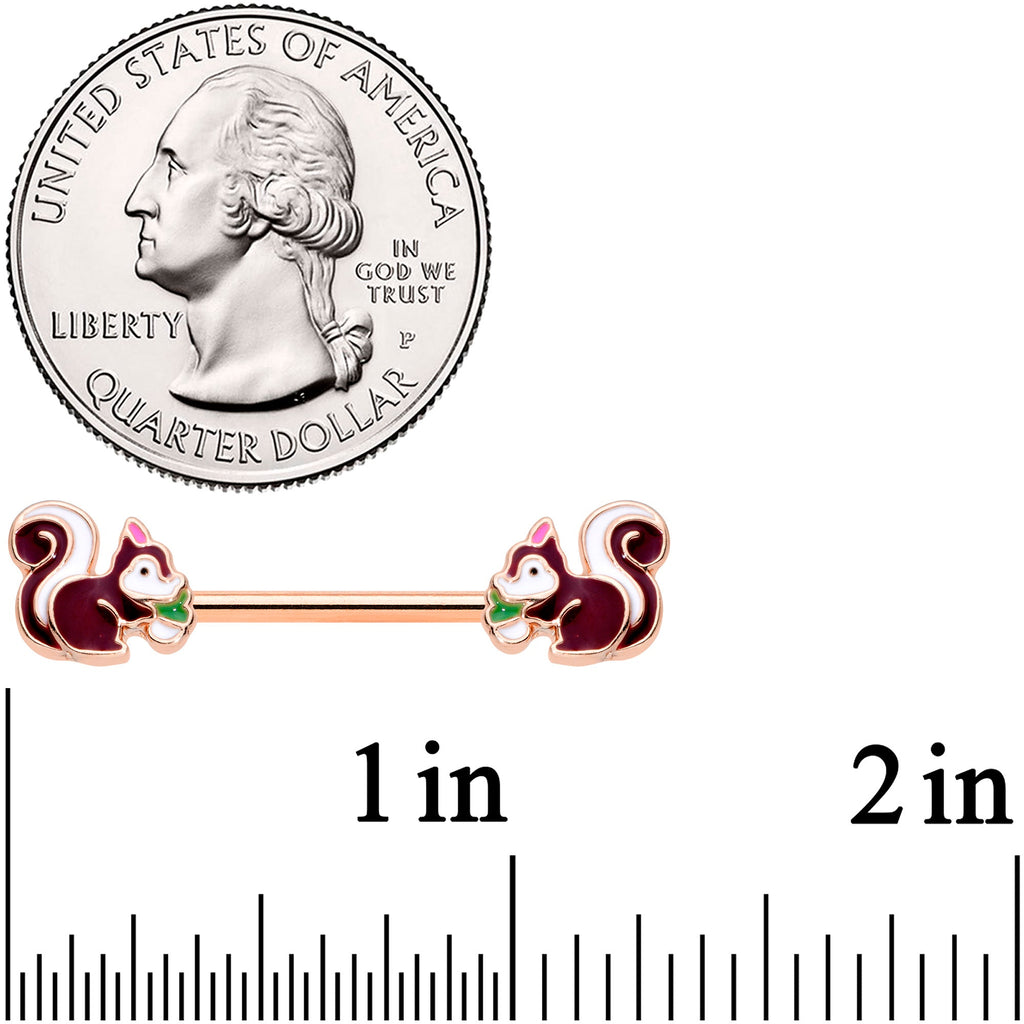 BodyCandy 14G 9/16 Rose Gold Tone Snacking Squirrel Barbell Nipple Ring Set — detail close-up