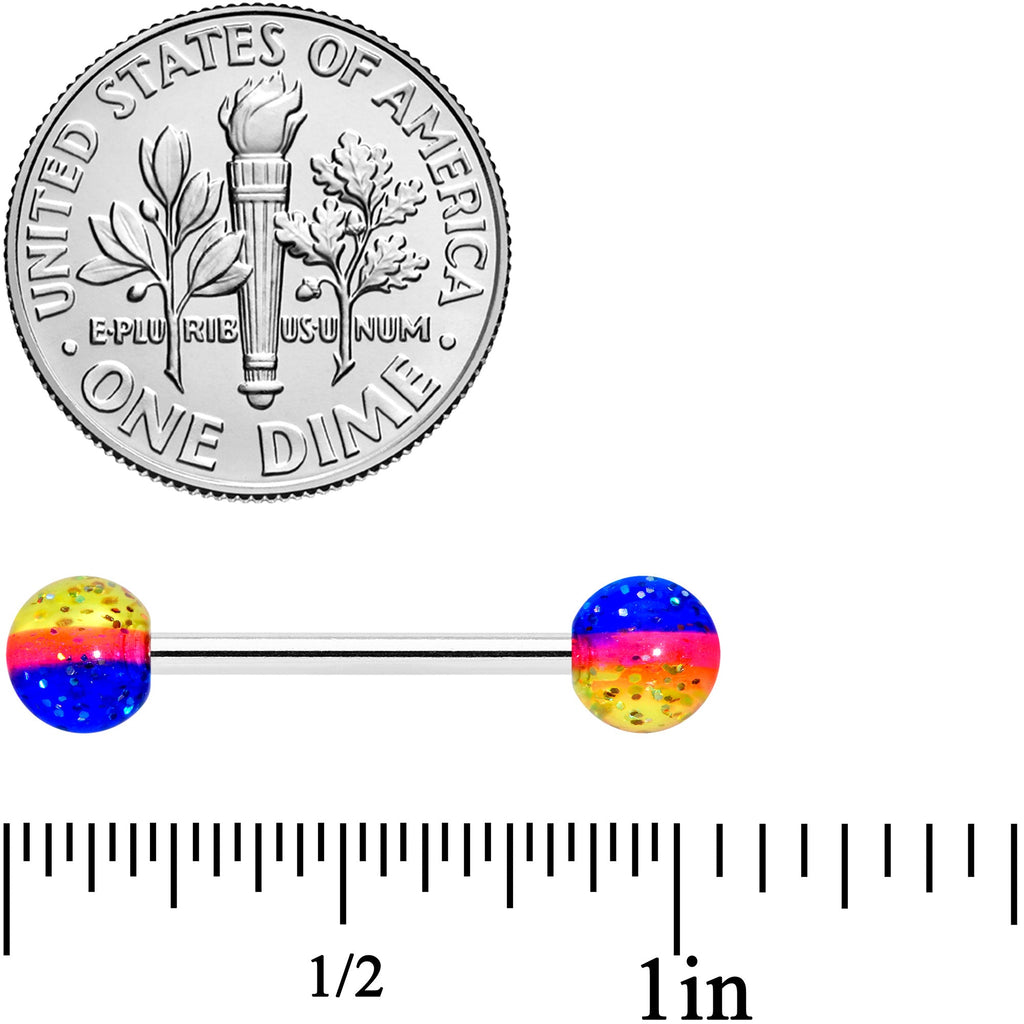BodyCandy Blue Orange Yellow UV Glow Acrylic Ball Barbell Tongue Ring — detail close-up