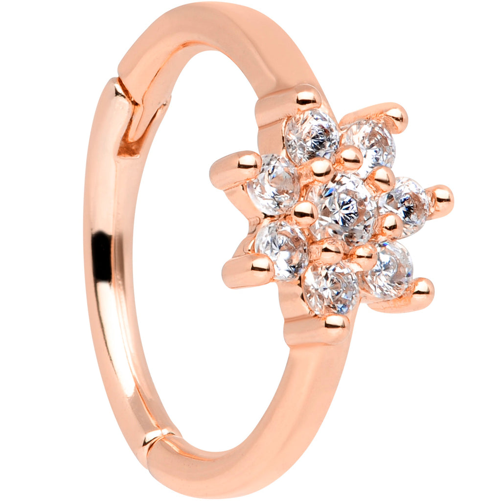 BodyCandy 16G 3/8 Clear CZ Gem Rose Gold Tone Flower Hinged Segment Ring — main product shot