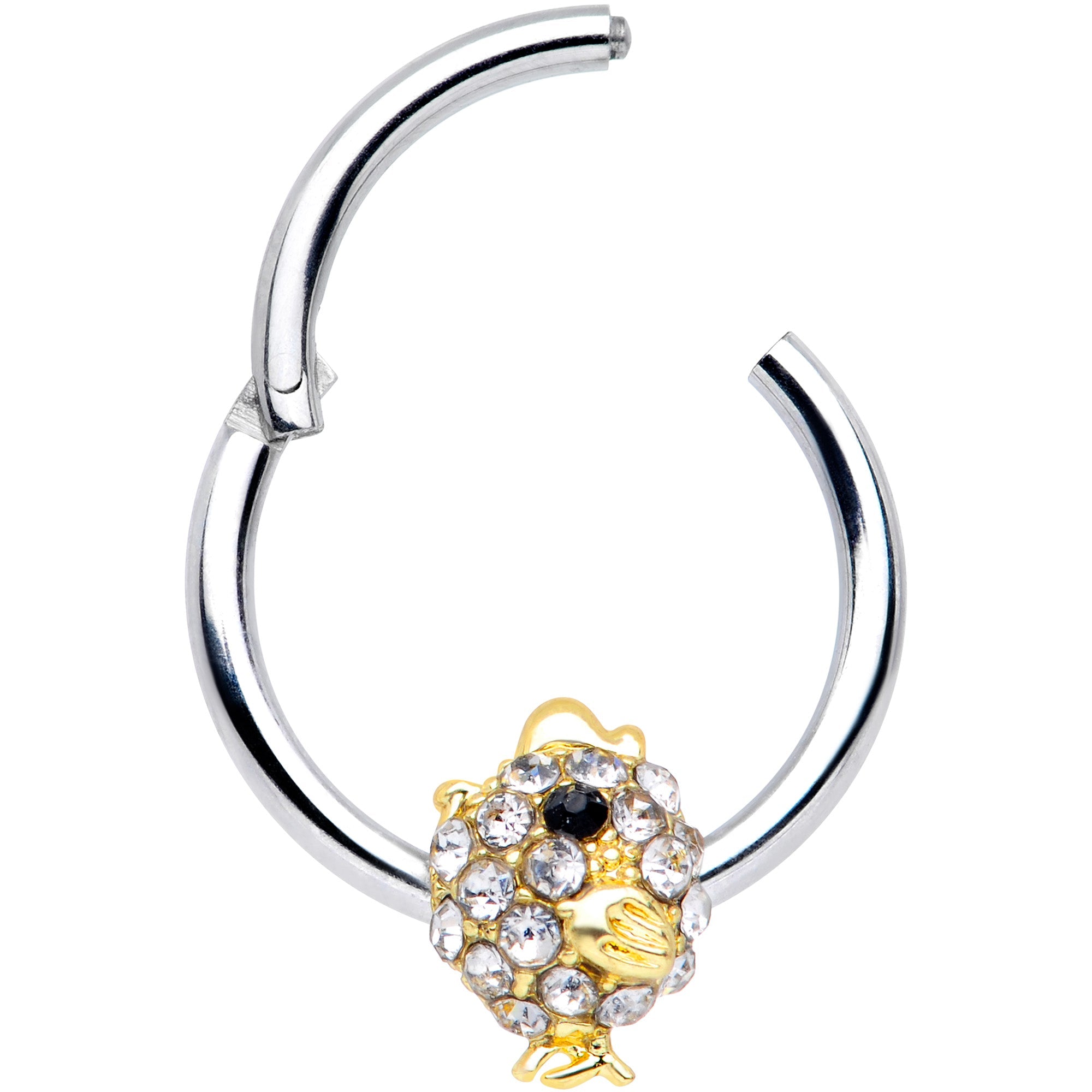 BodyCandy 16G 3/8 Clear Black Gem Little Chick Septum Ring — detail close-up