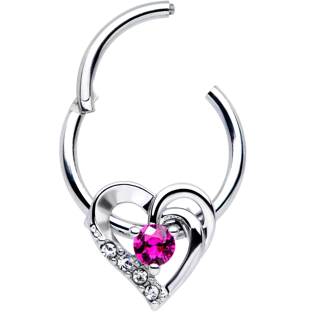 BodyCandy 16G 3/8 Clear Pink Gem Swirling Heart Valentines Day Septum Ring — detail close-up