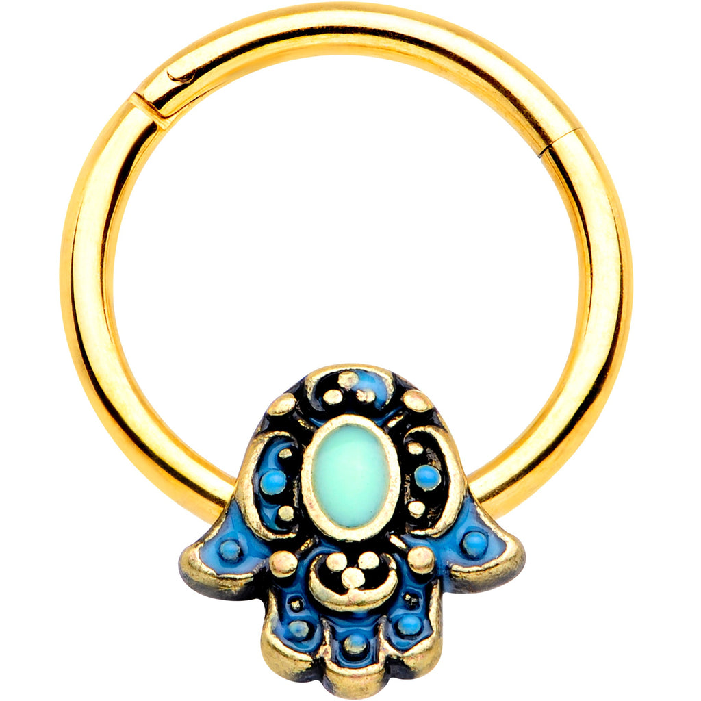 BodyCandy 16G 3/8 Gold Tone Aqua Ornate Hamsa Hand Septum Ring — main product shot