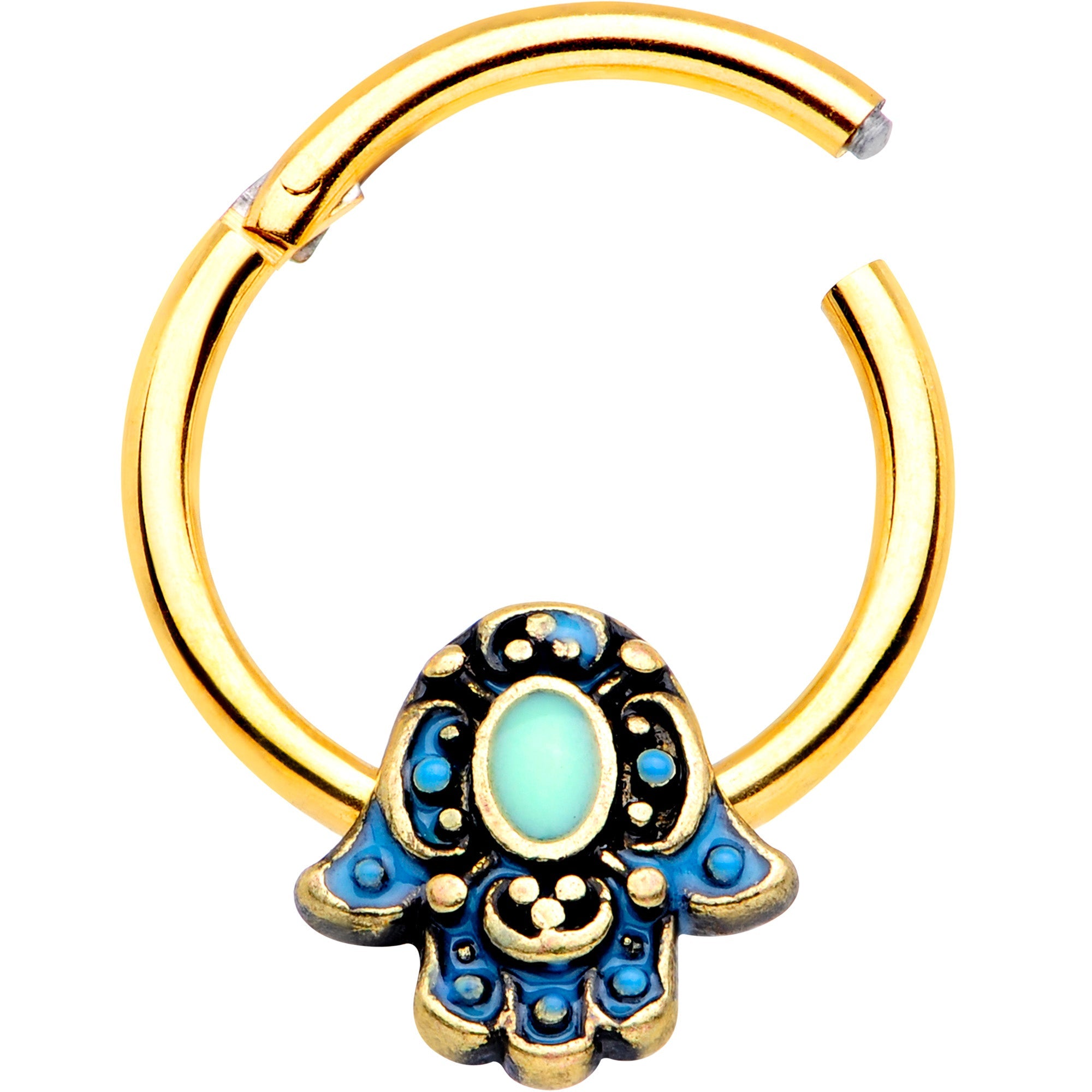 BodyCandy 16G 3/8 Gold Tone Aqua Ornate Hamsa Hand Septum Ring — lifestyle context