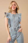 Pretty Little Patriot Pretty Little Patriot Ruffle Bell Bottom Denim Jumpsuit — construction detail